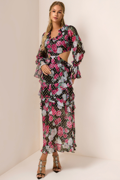 Floral Gold Foil Stamping Frill Midi Dress