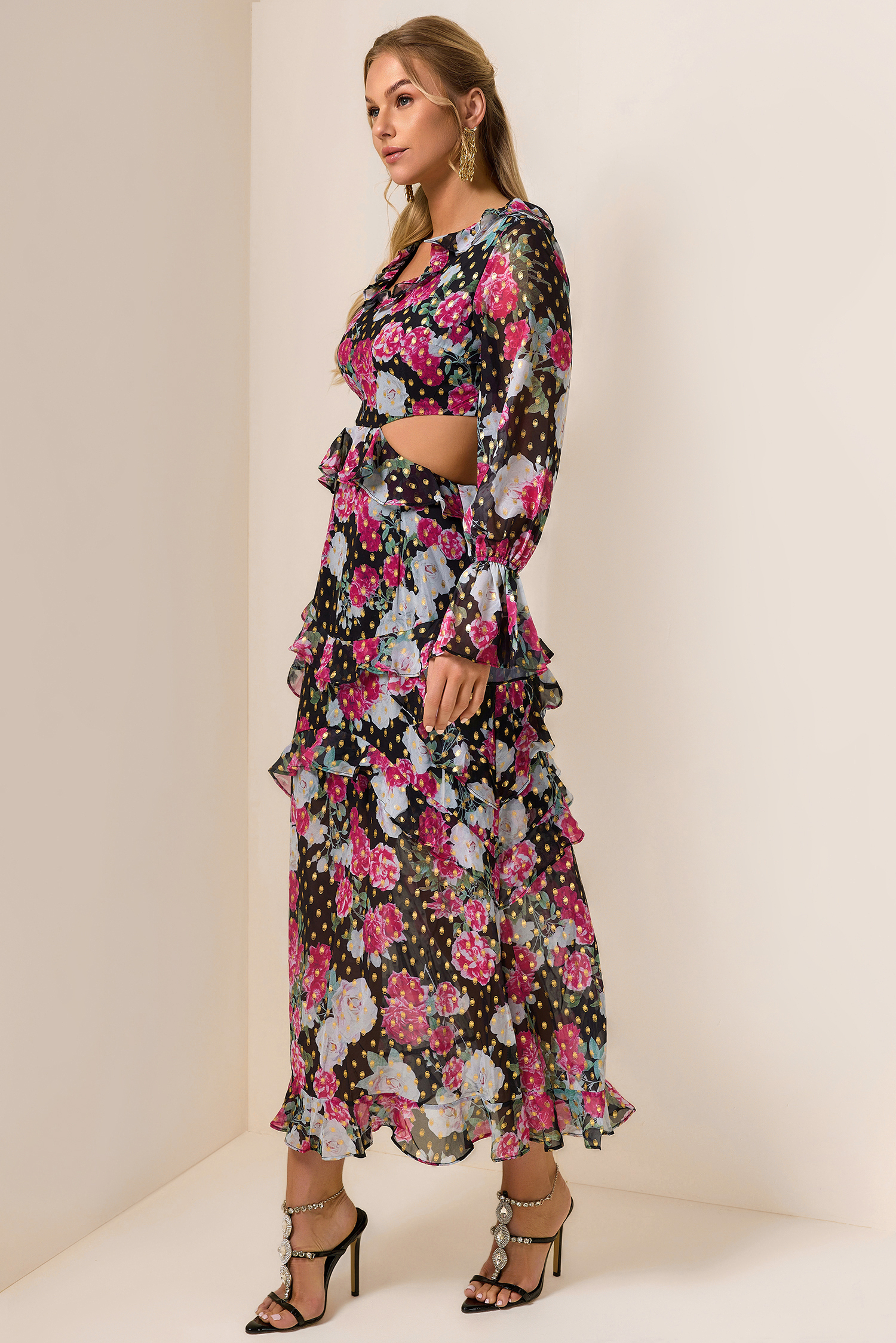 Floral Gold Foil Stamping Frill Midi Dress