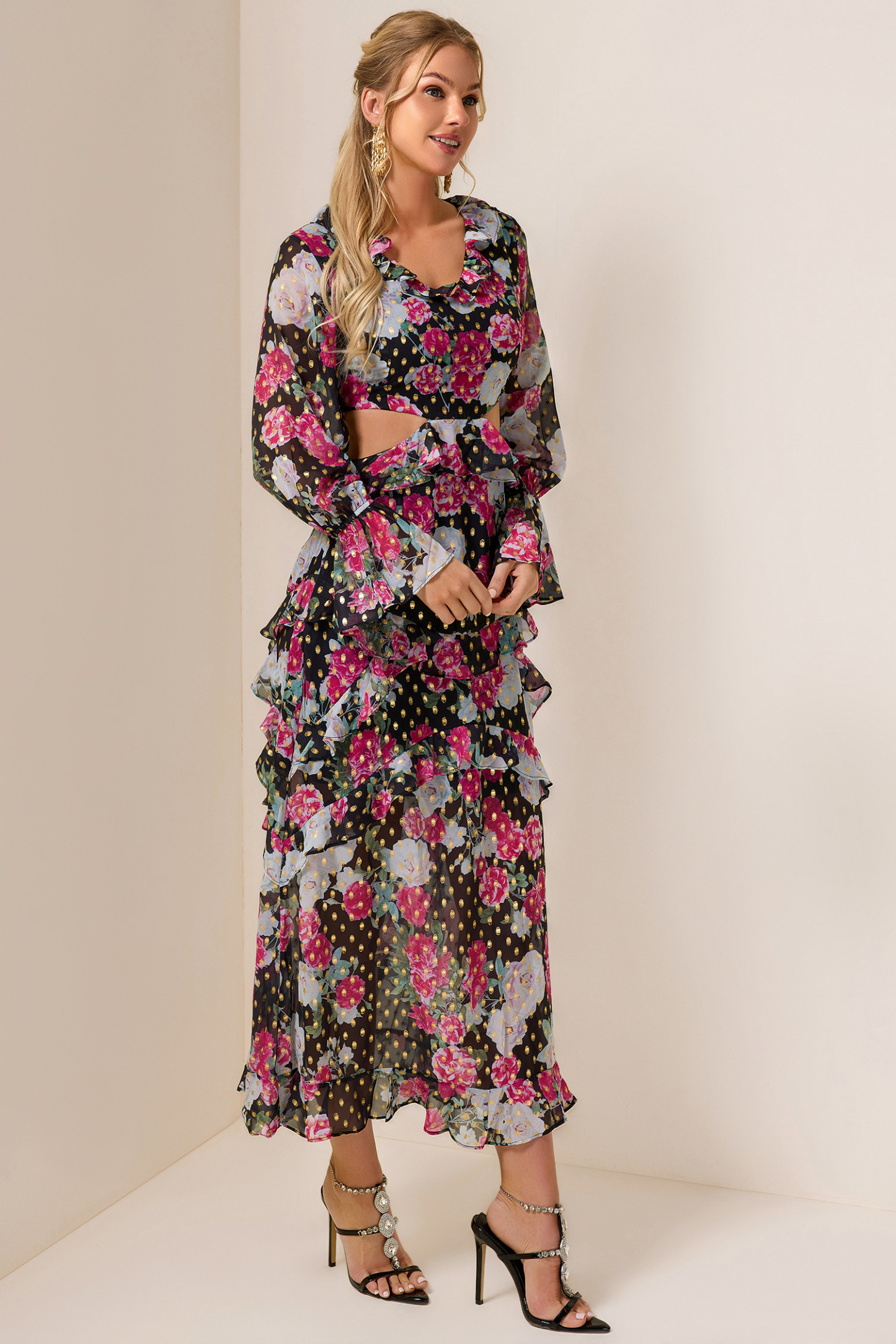 Floral Gold Foil Stamping Frill Midi Dress