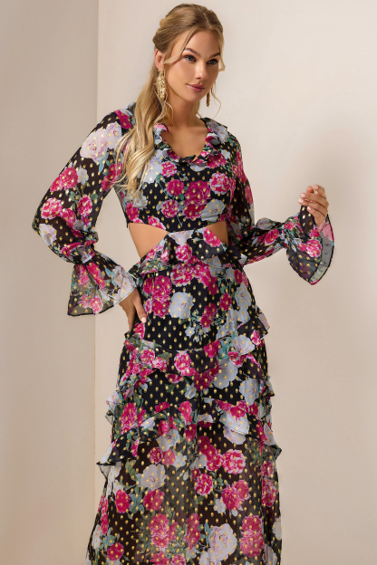 Floral Gold Foil Stamping Frill Midi Dress