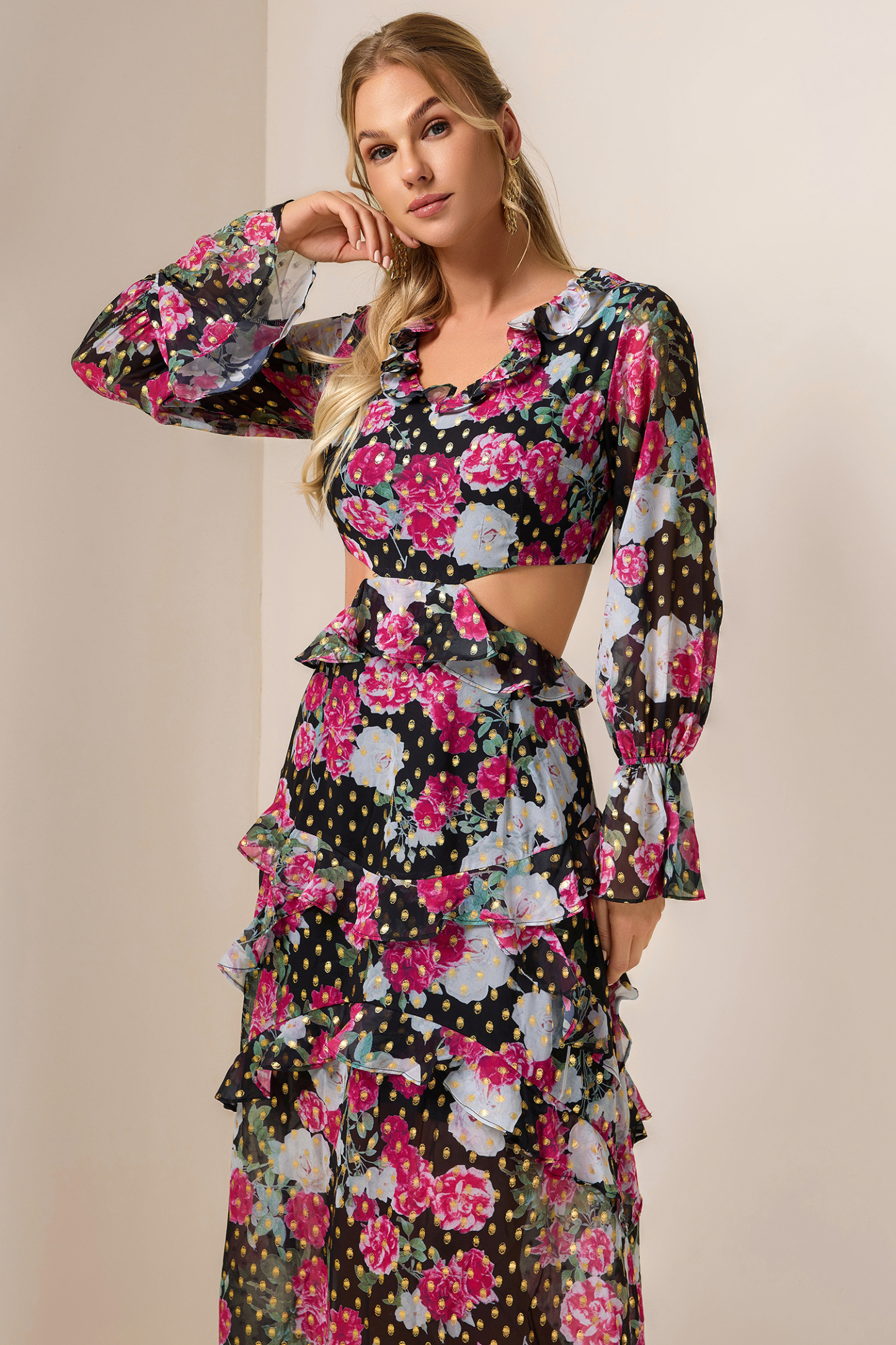 Floral Gold Foil Stamping Frill Midi Dress