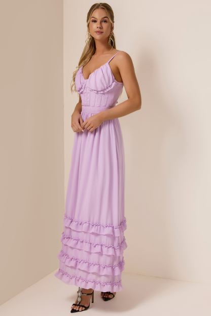 Chiffon Solid Frill Midi Dress