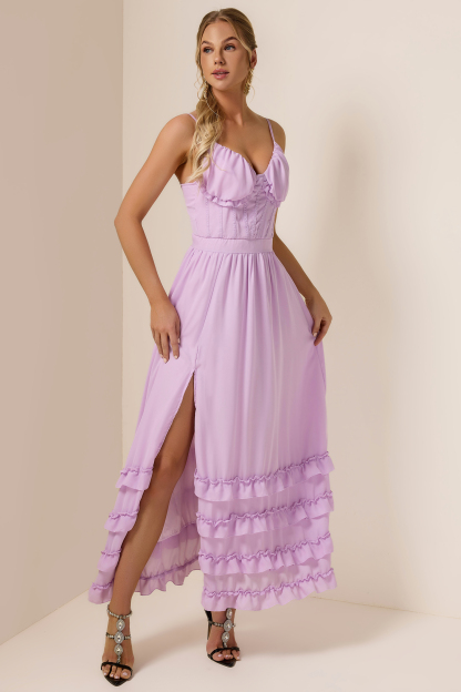 Chiffon Solid Frill Midi Dress