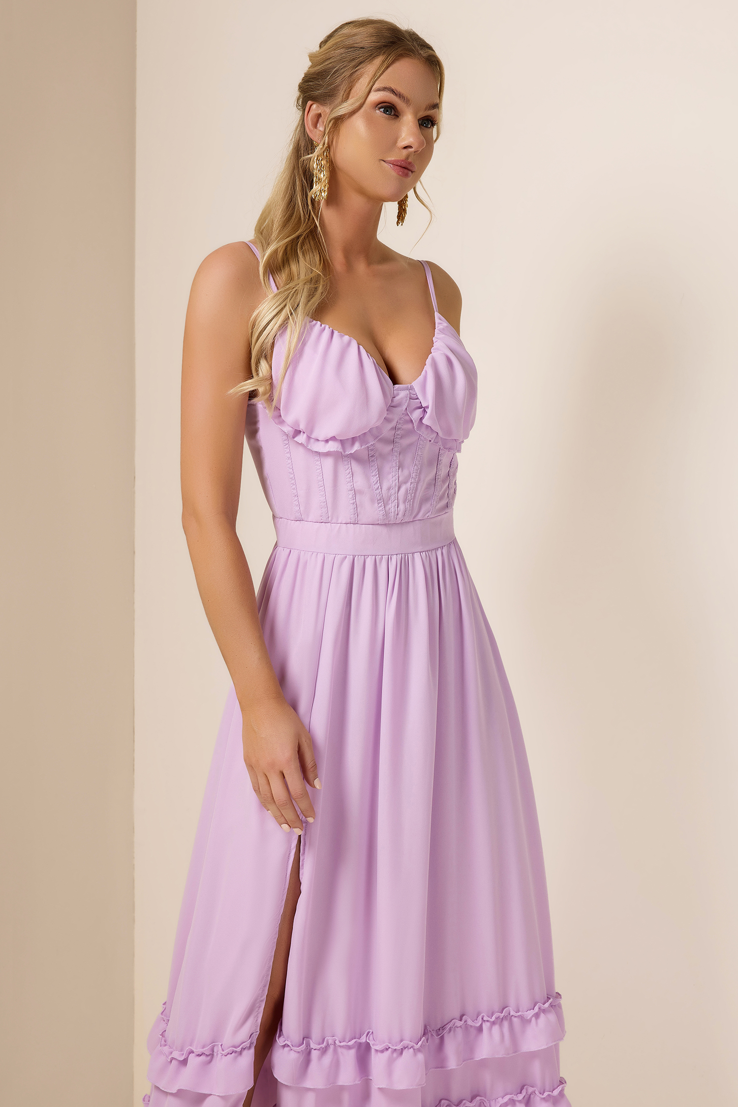 Chiffon Solid Frill Midi Dress