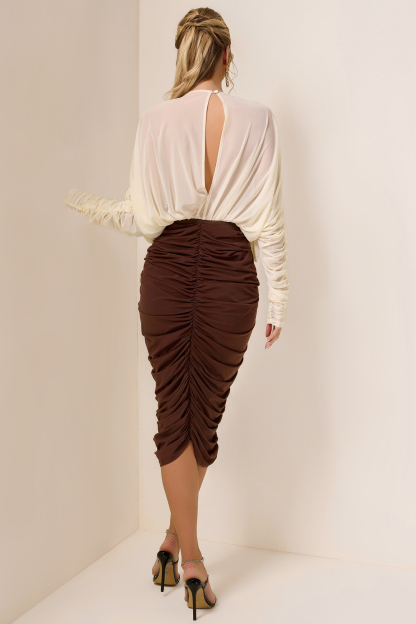 3D Flower Shirring V-Neck Midi Dress