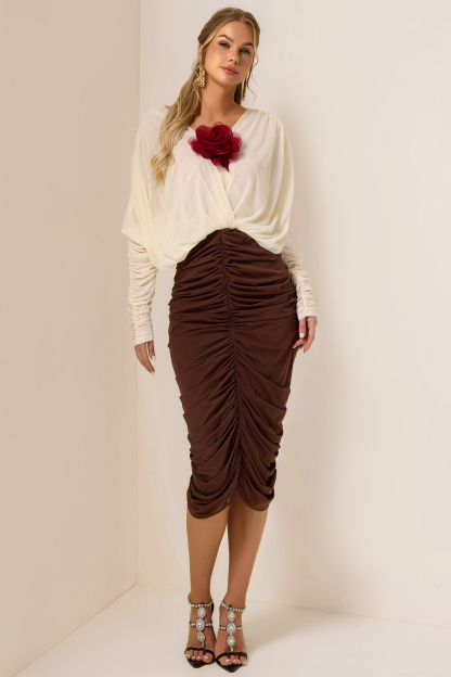 3D Flower Shirring V-Neck Midi Dress