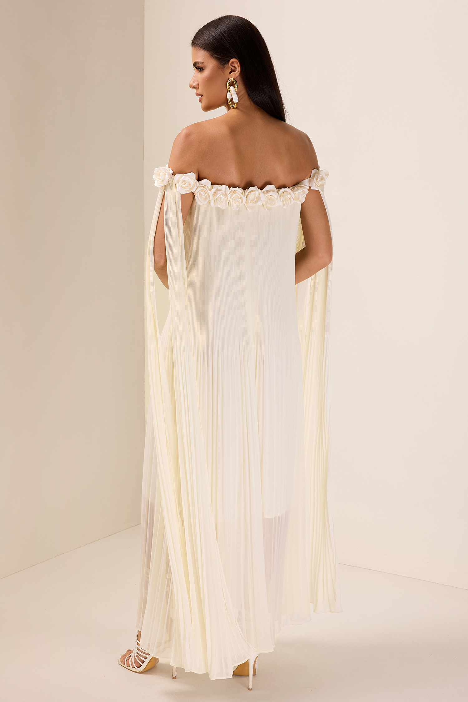 3D Flower Chiffon Off-Shoulder Pleat Maxi Dress