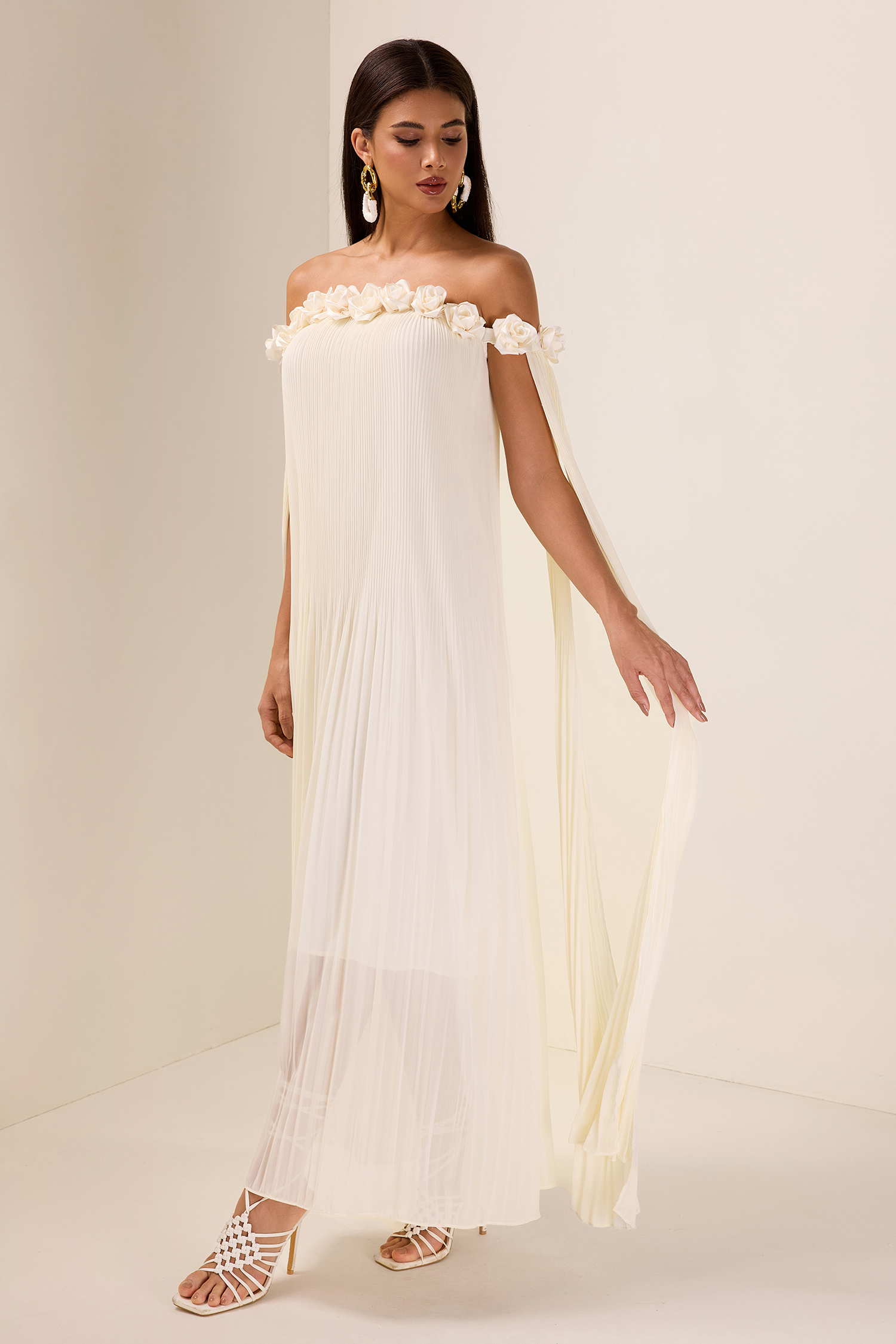3D Flower Chiffon Off-Shoulder Pleat Maxi Dress