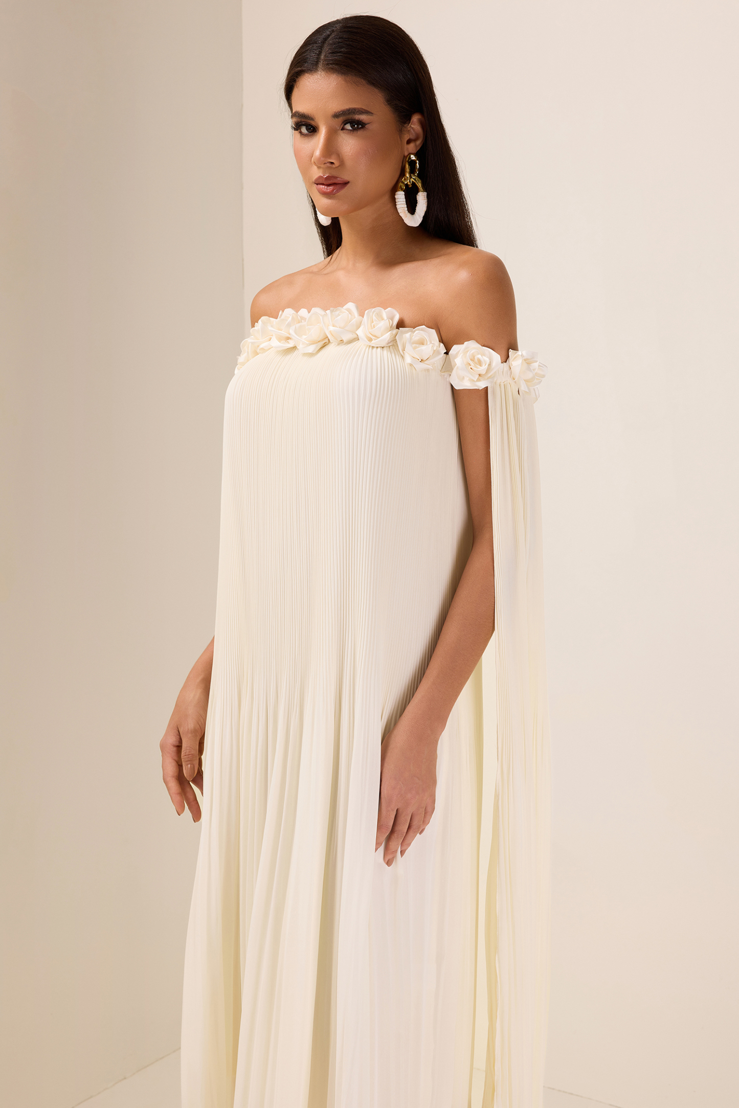 3D Flower Chiffon Off-Shoulder Pleat Maxi Dress