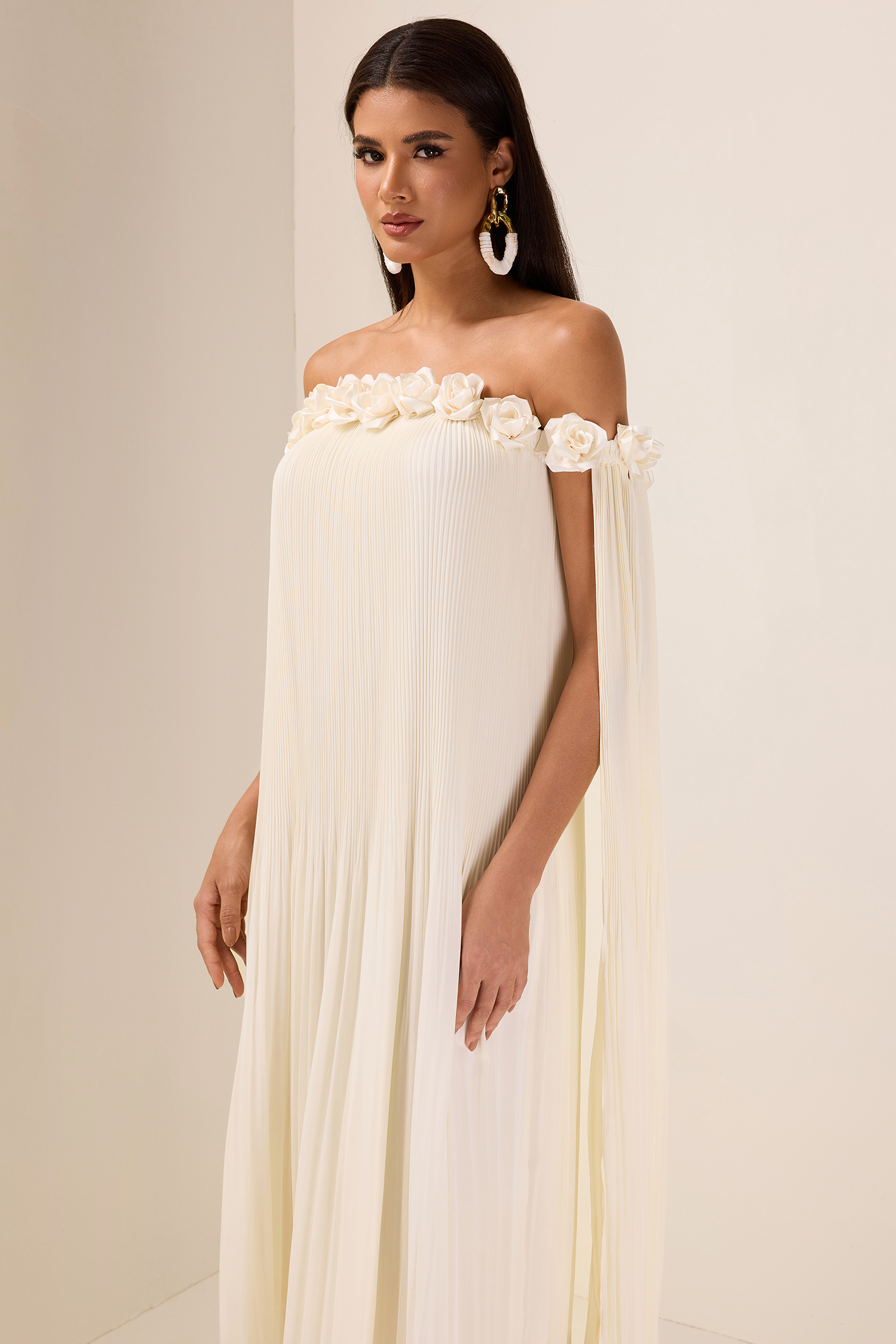 3D Flower Chiffon Off-Shoulder Pleat Maxi Dress