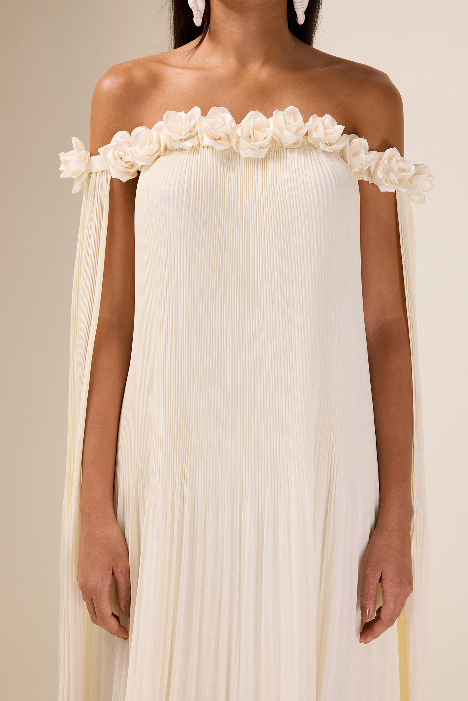 3D Flower Chiffon Off-Shoulder Pleat Maxi Dress