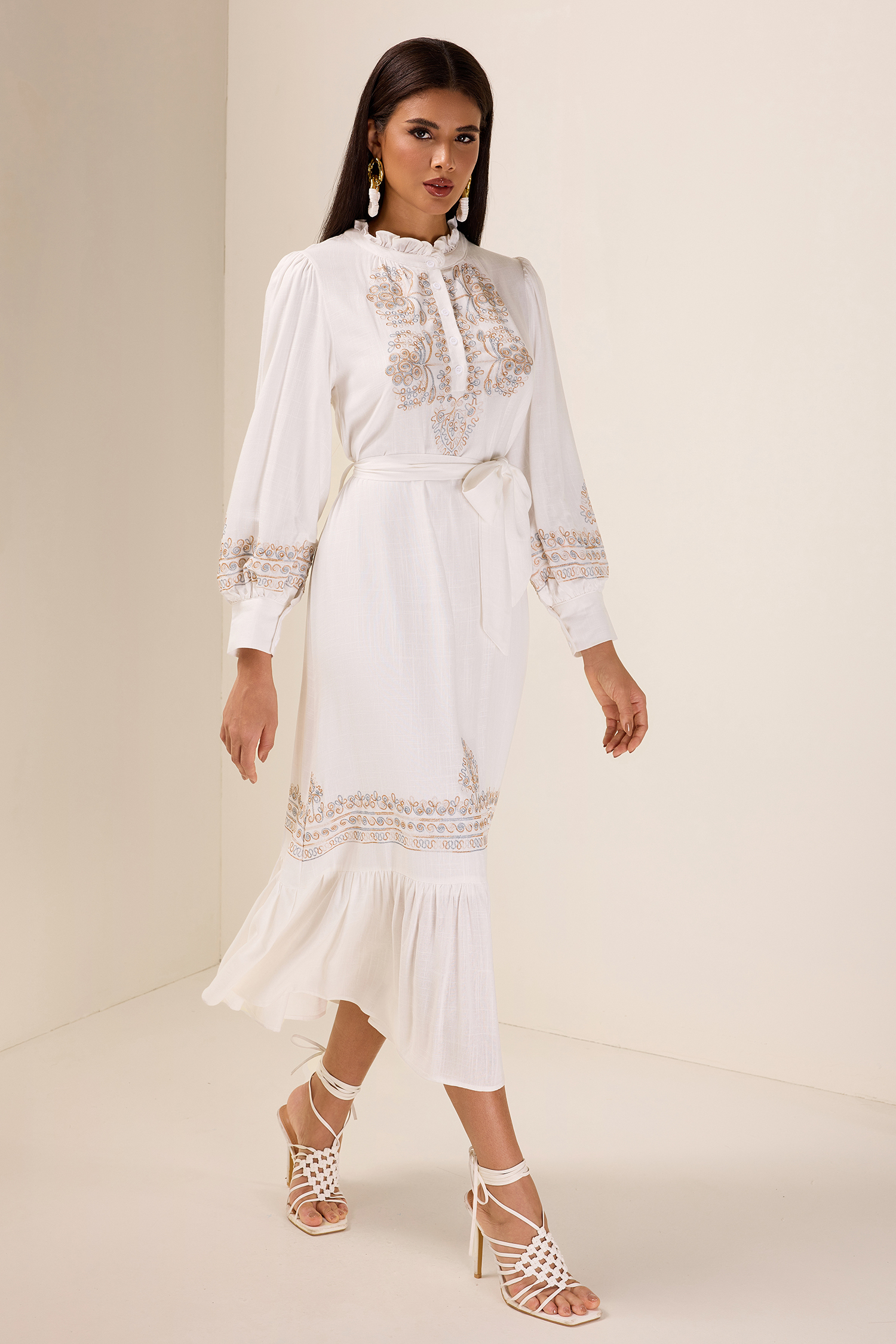Embroidered Lace-Up Lantern Sleeve Midi Dress