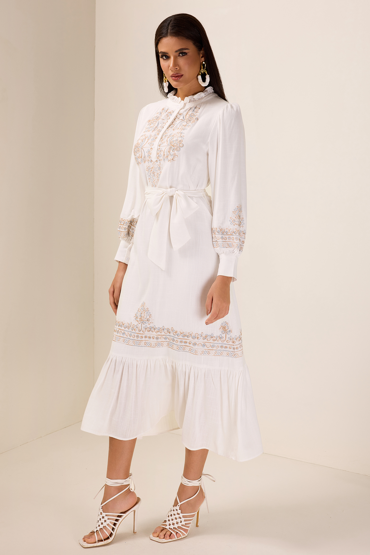 Embroidered Lace-Up Lantern Sleeve Midi Dress