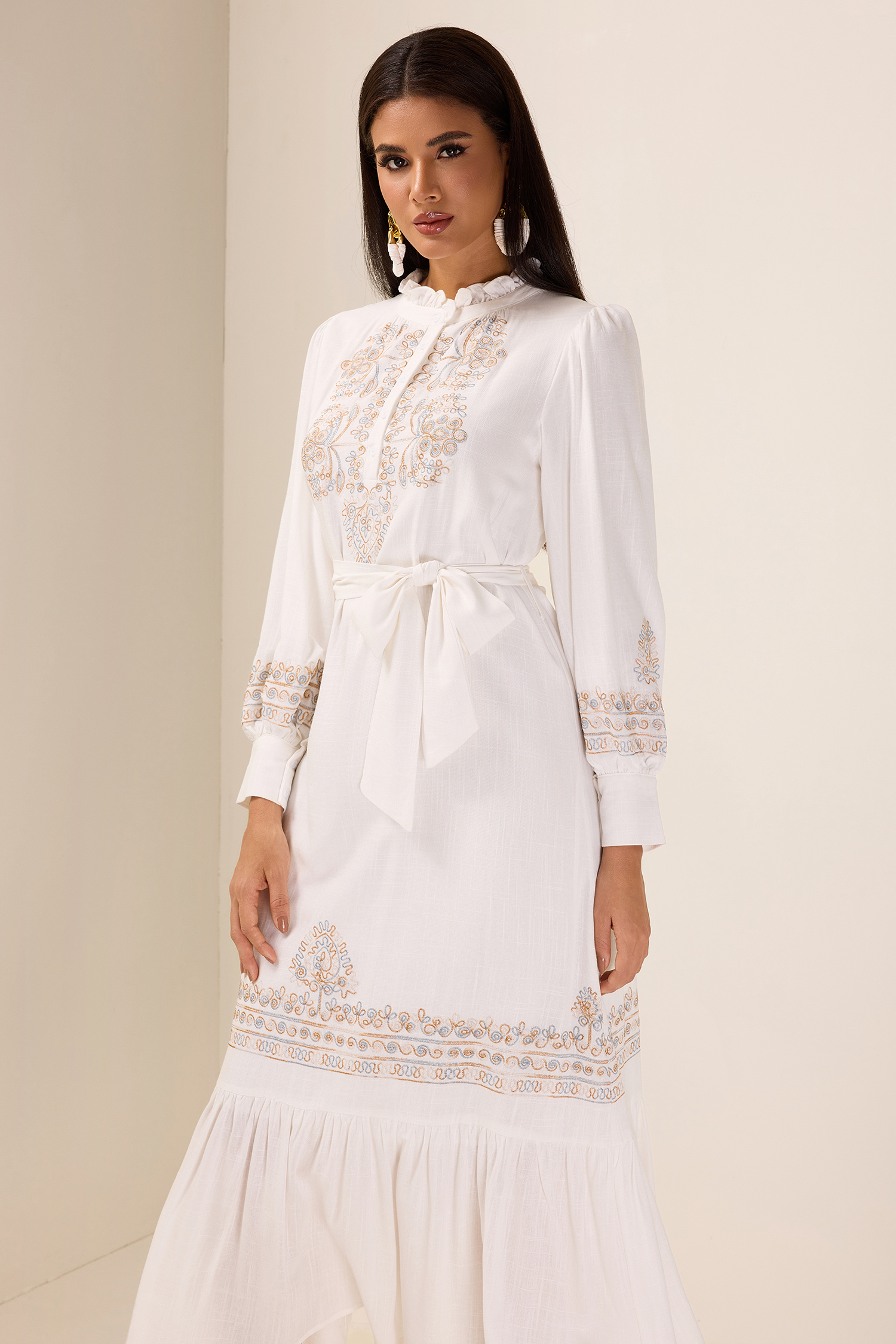Embroidered Lace-Up Lantern Sleeve Midi Dress