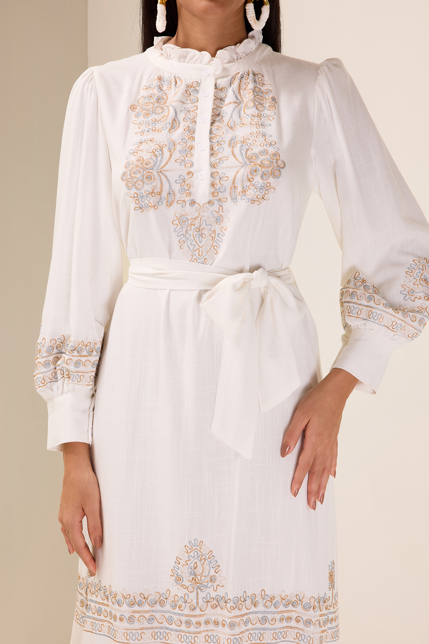 Embroidered Lace-Up Lantern Sleeve Midi Dress
