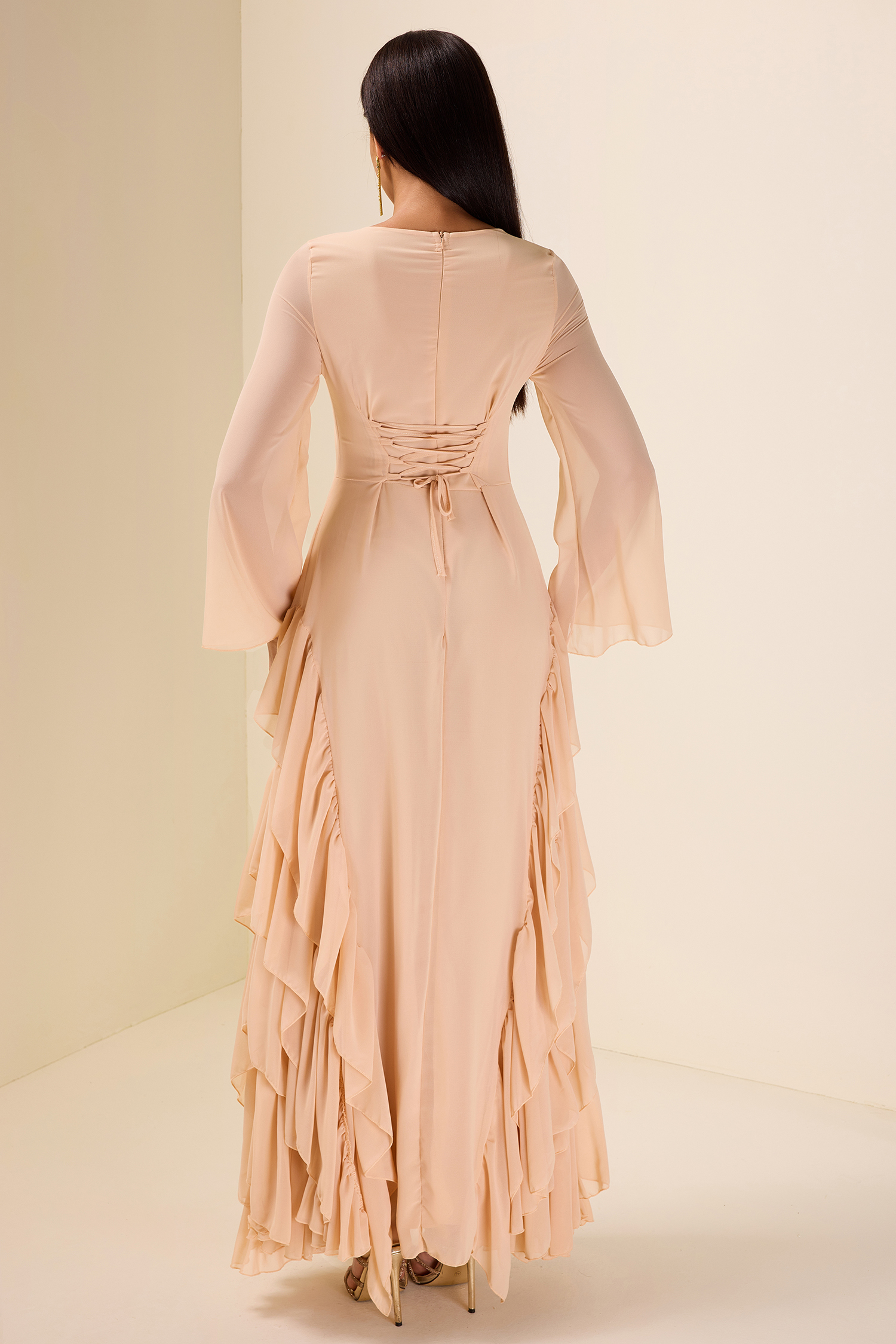 Chiffon Bell Sleeve Frill Maxi Dress