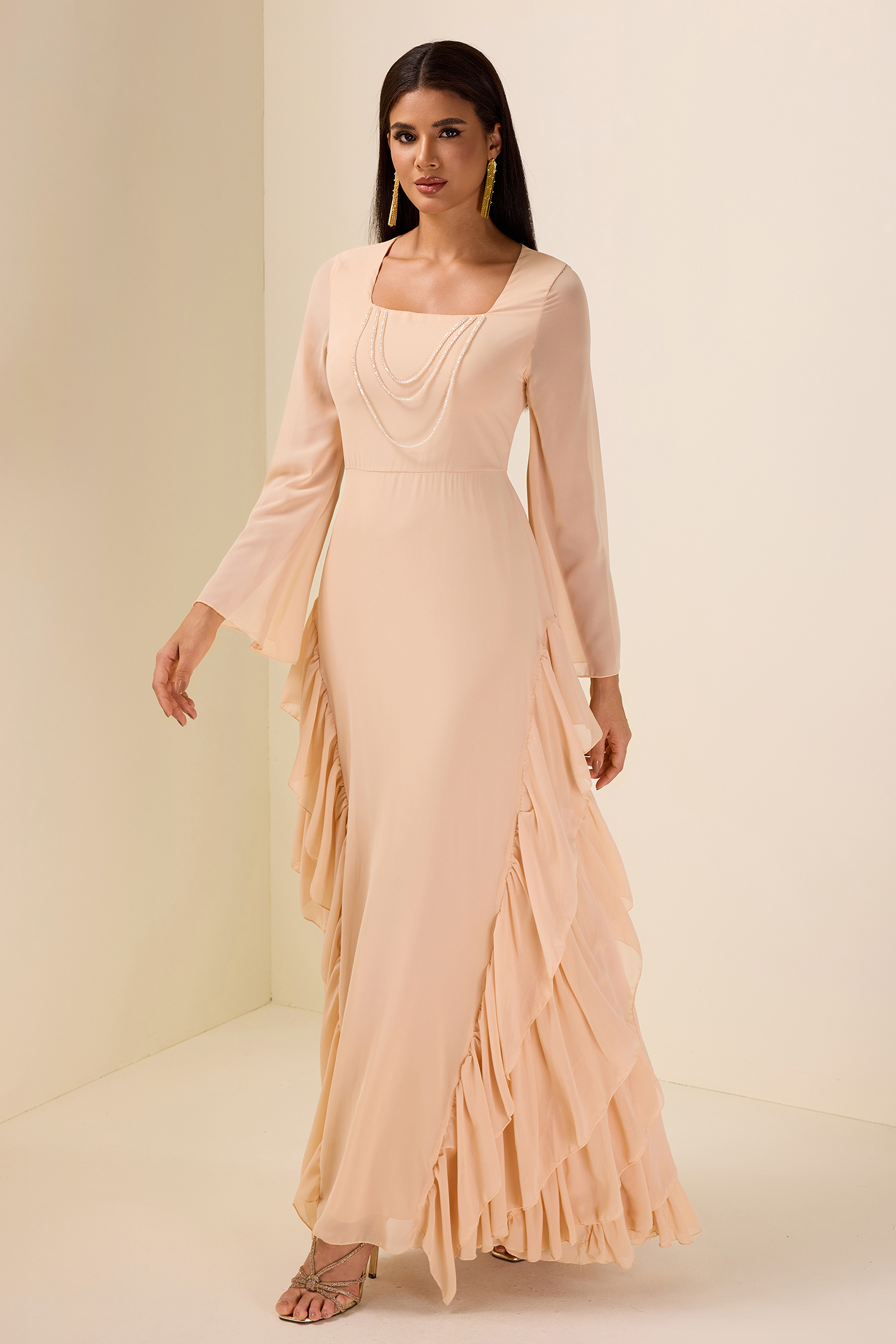 Chiffon Bell Sleeve Frill Maxi Dress