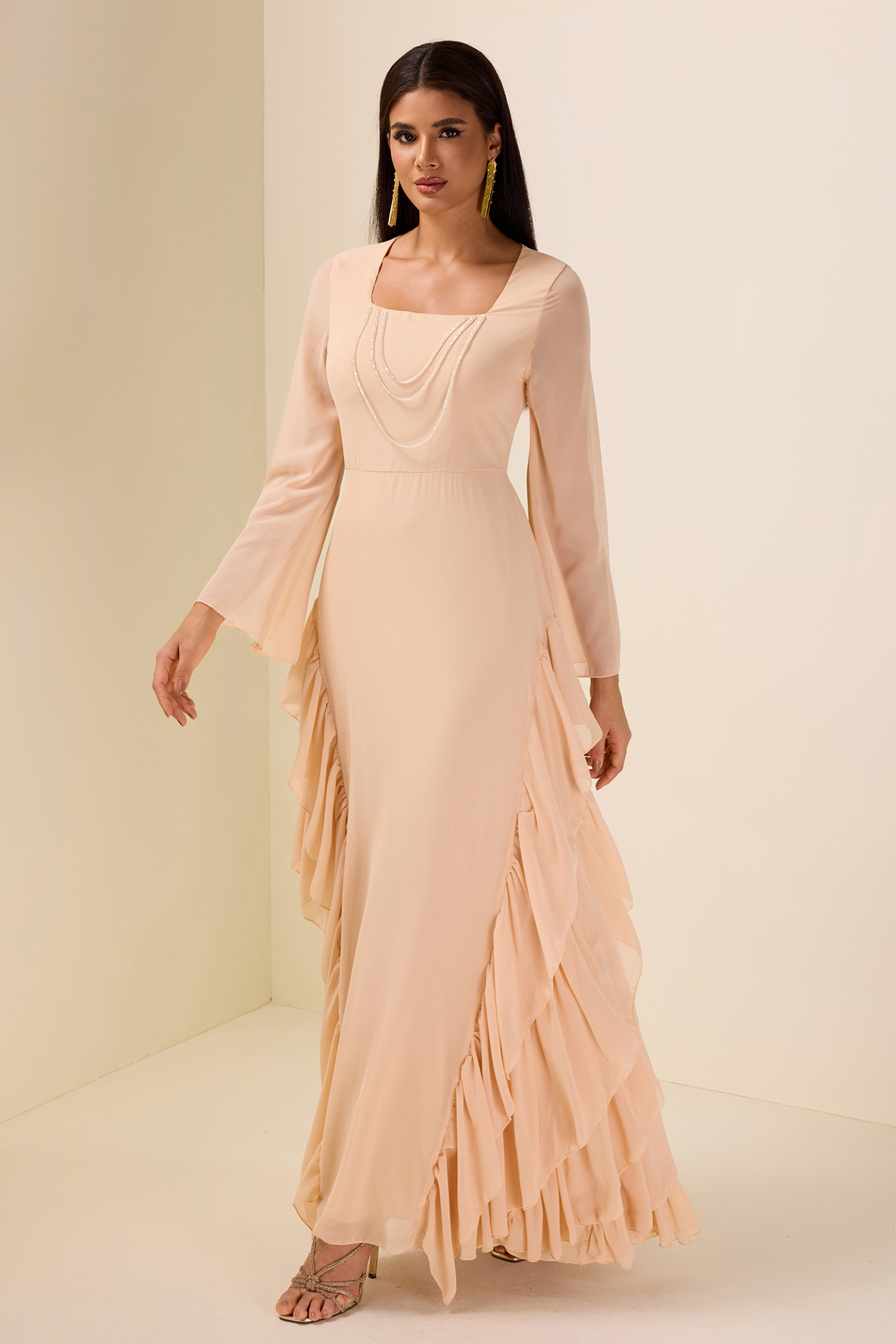 Chiffon Bell Sleeve Frill Maxi Dress