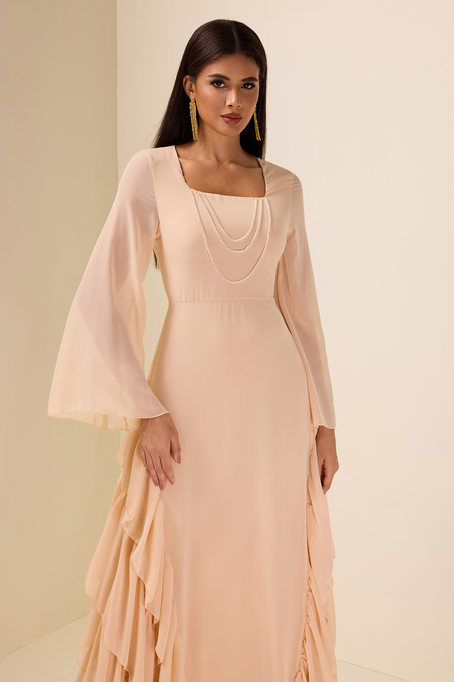 Chiffon Bell Sleeve Frill Maxi Dress