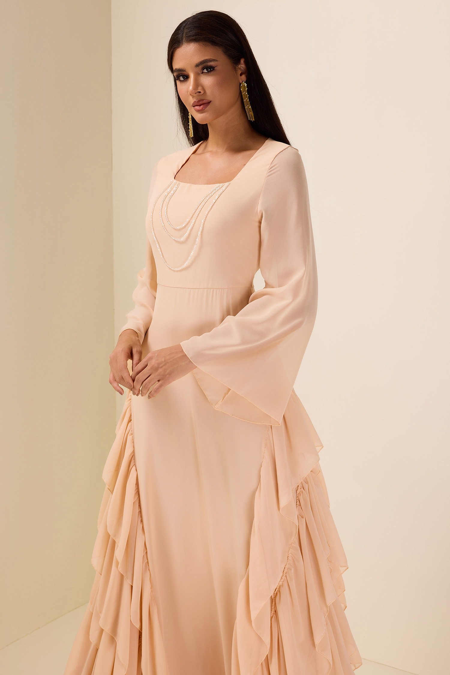 Chiffon Bell Sleeve Frill Maxi Dress