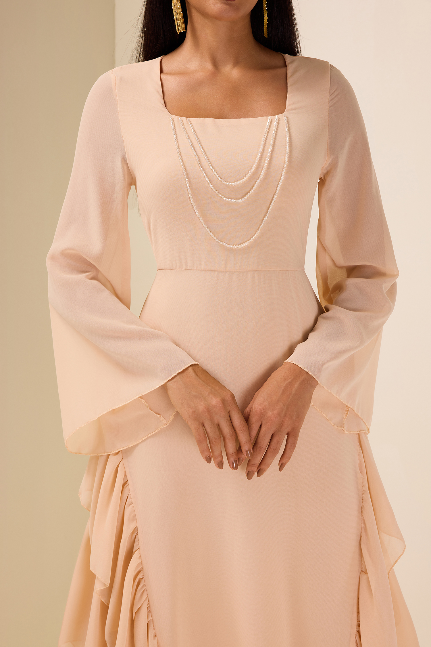 Chiffon Bell Sleeve Frill Maxi Dress