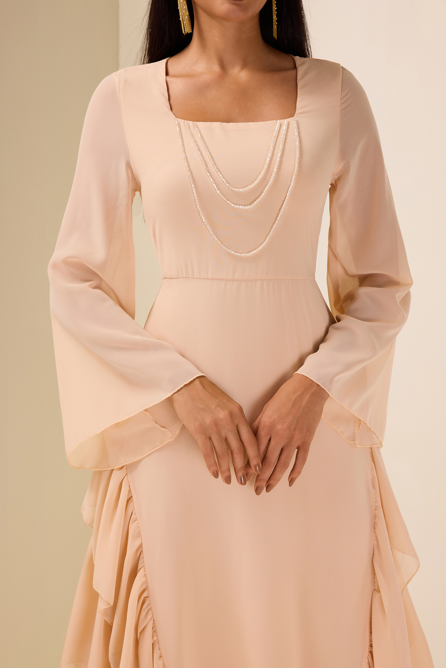 Chiffon Bell Sleeve Frill Maxi Dress