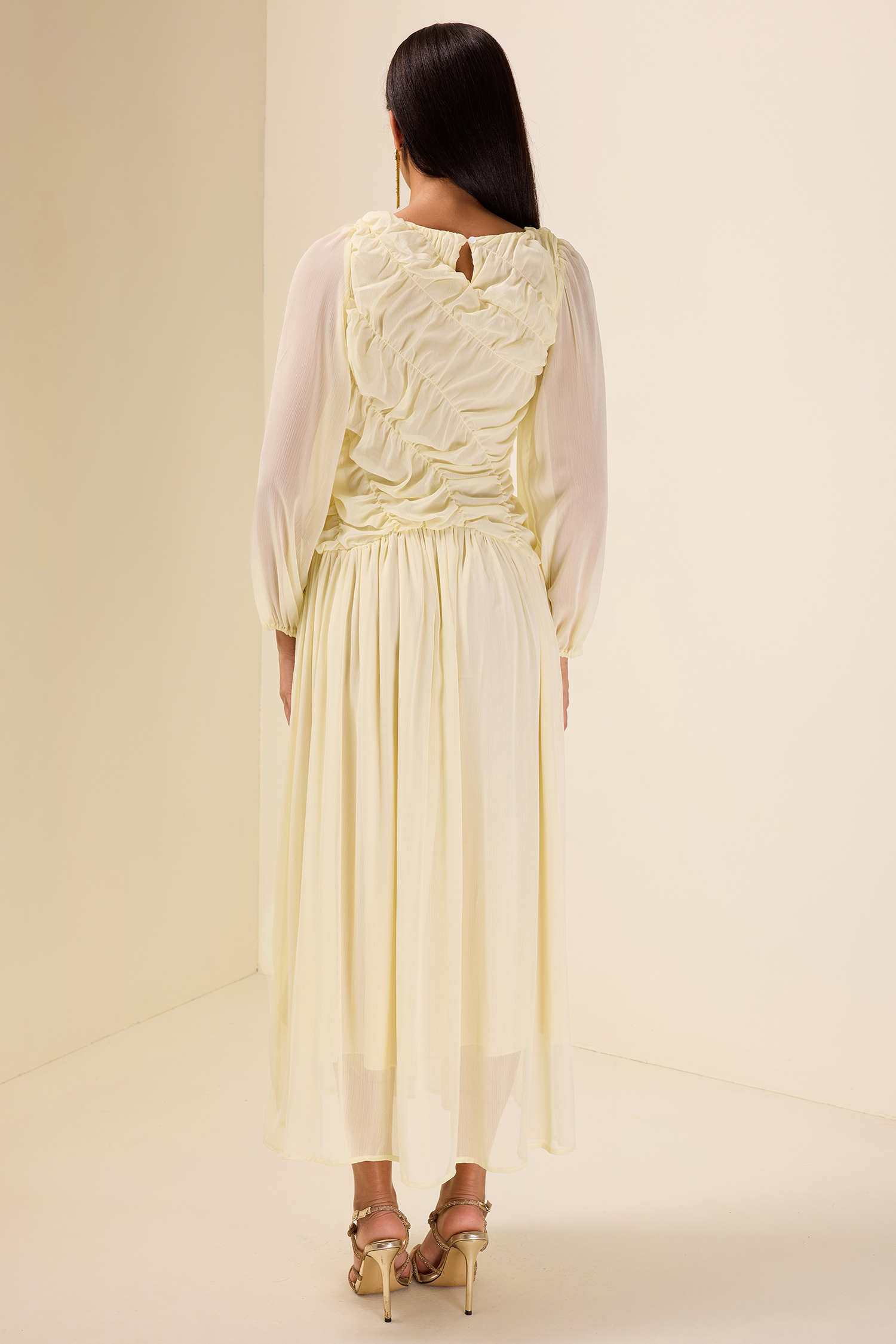 Chiffon Gathering Long Sleeve Midi Dress