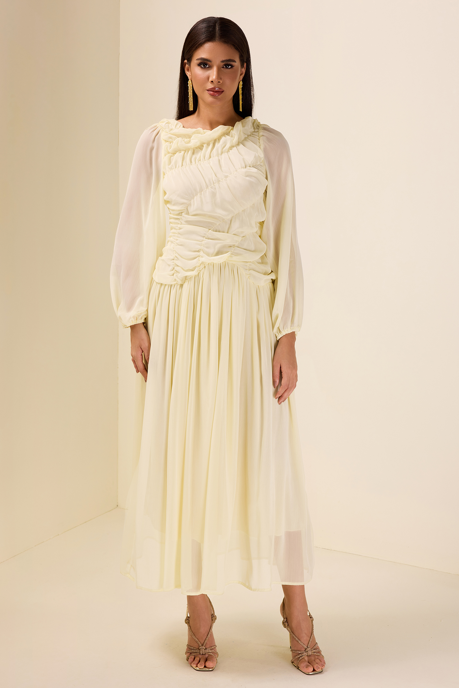 Chiffon Gathering Long Sleeve Midi Dress