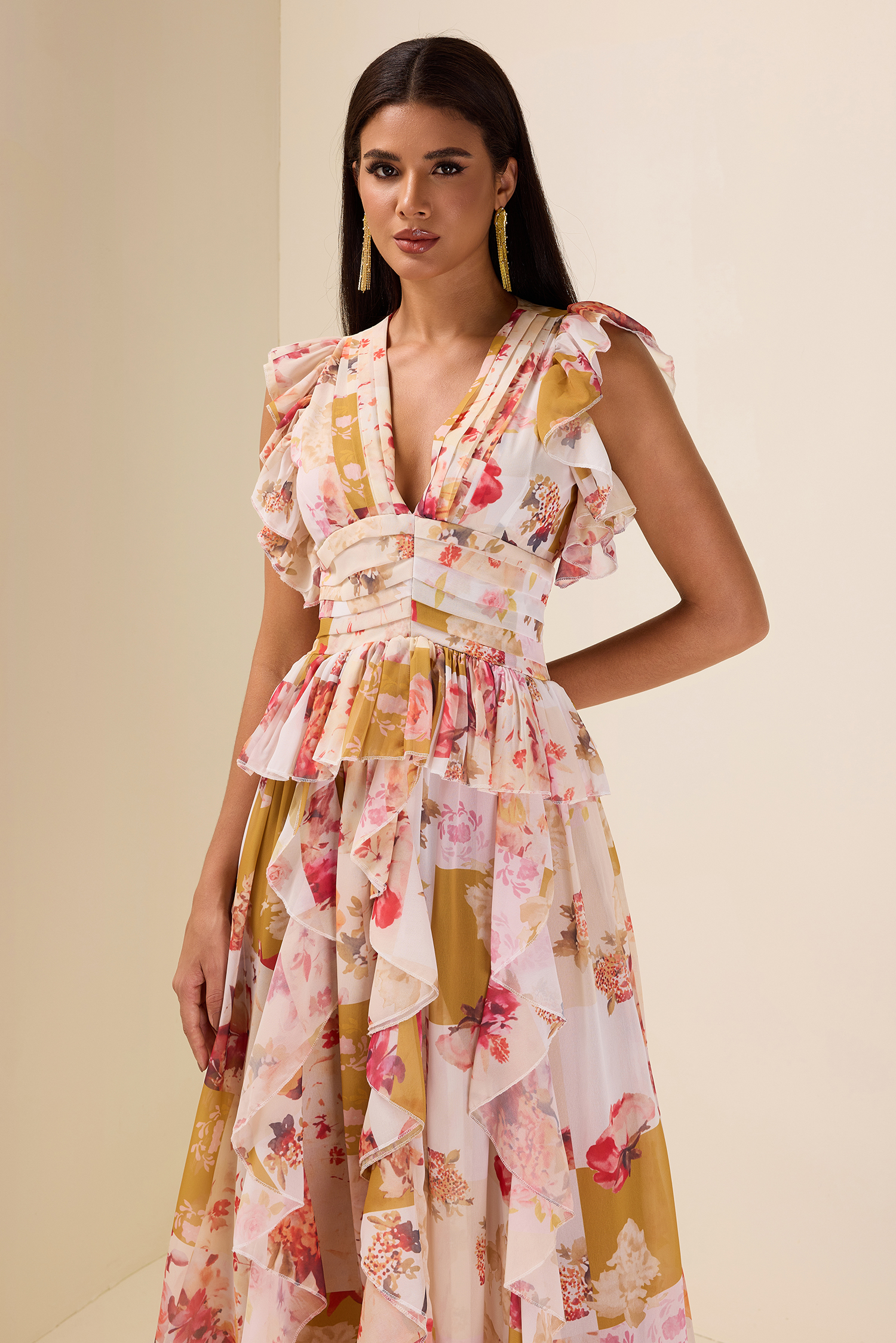 Ruffle V-Neck Split Maxi Dress