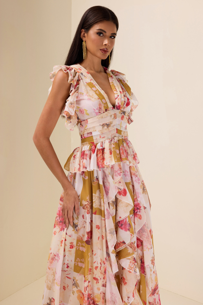 Ruffle V-Neck Split Maxi Dress