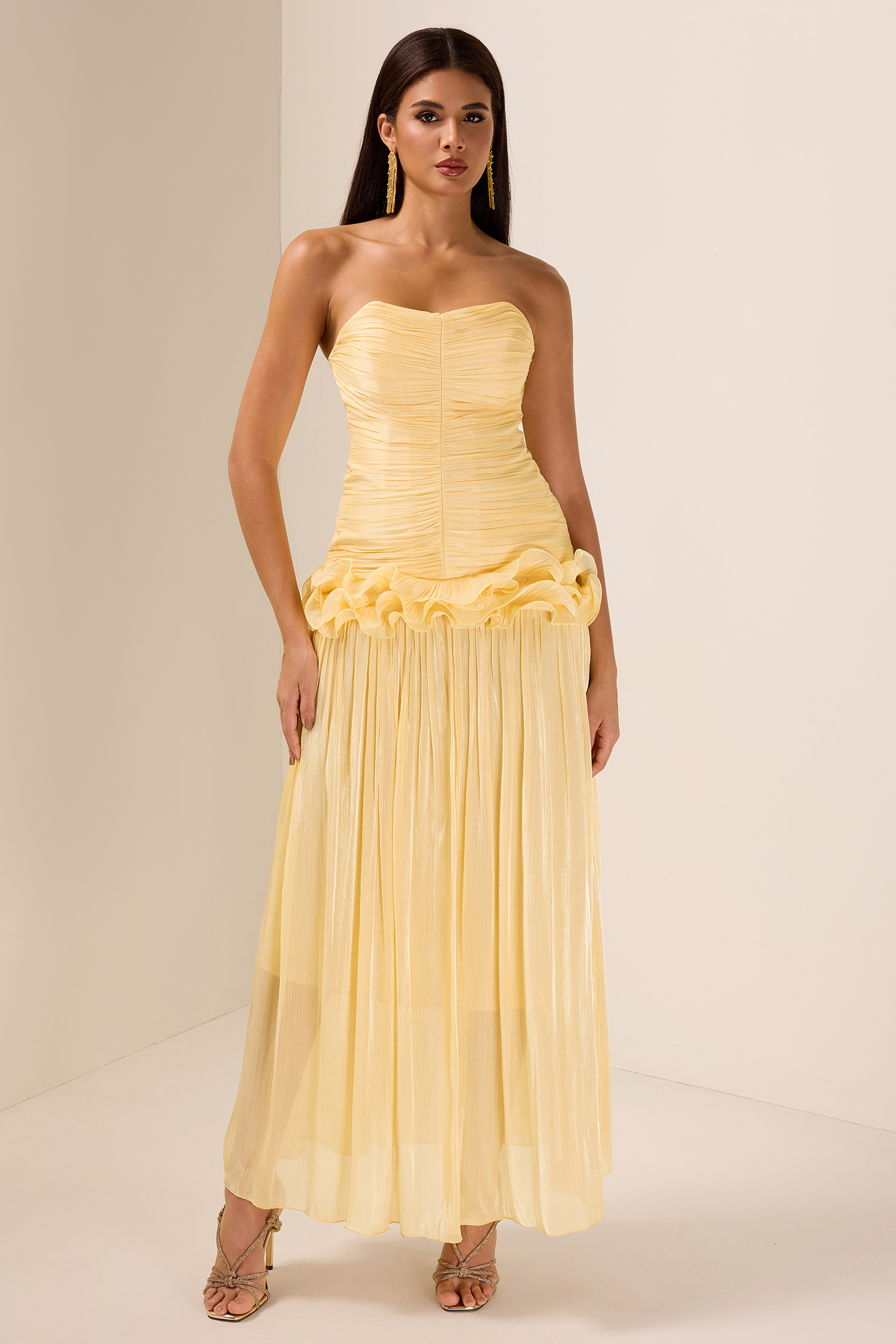 Solid Pleated Ruffle Maxi Dress