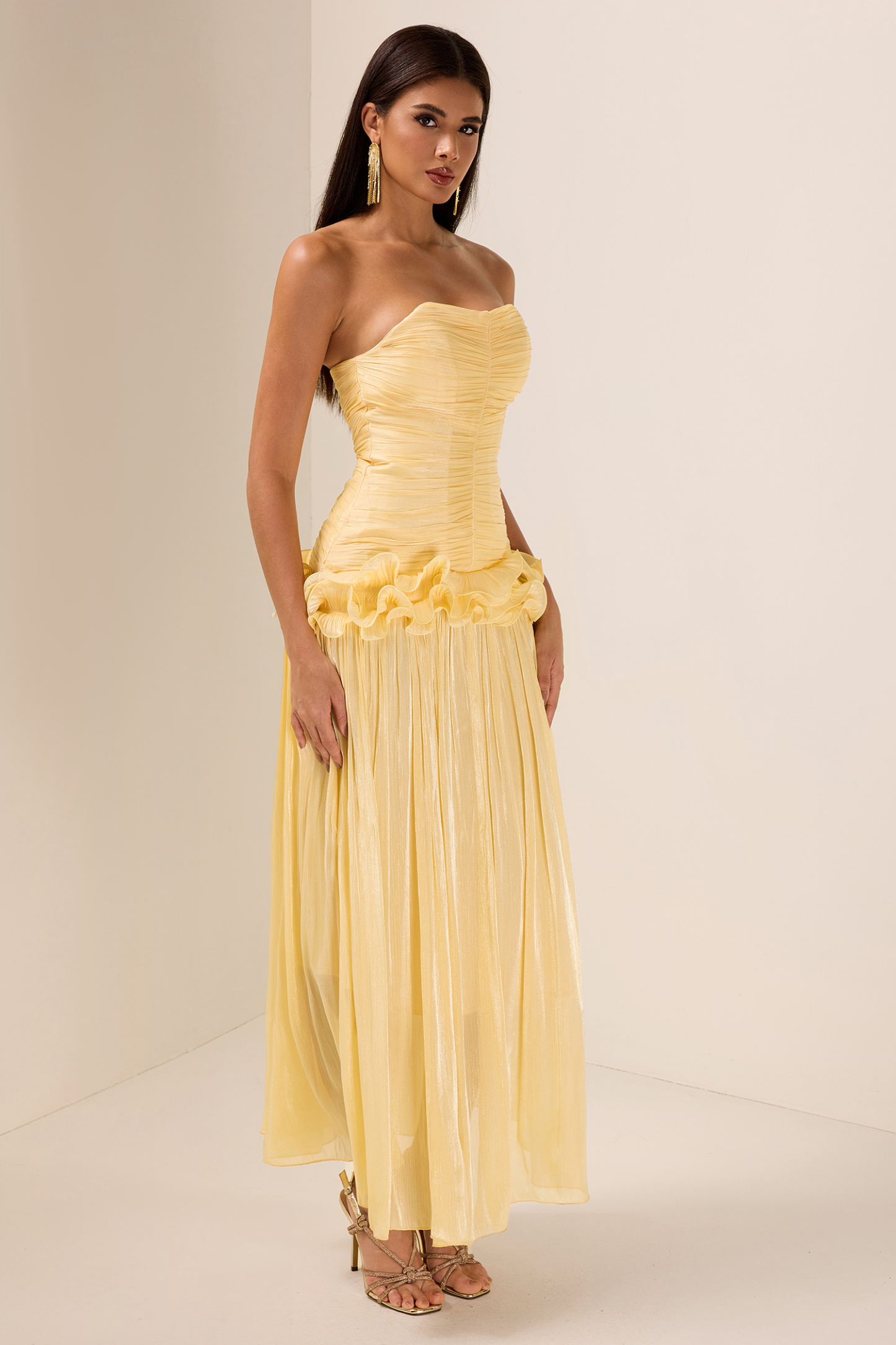 Solid Pleated Ruffle Maxi Dress
