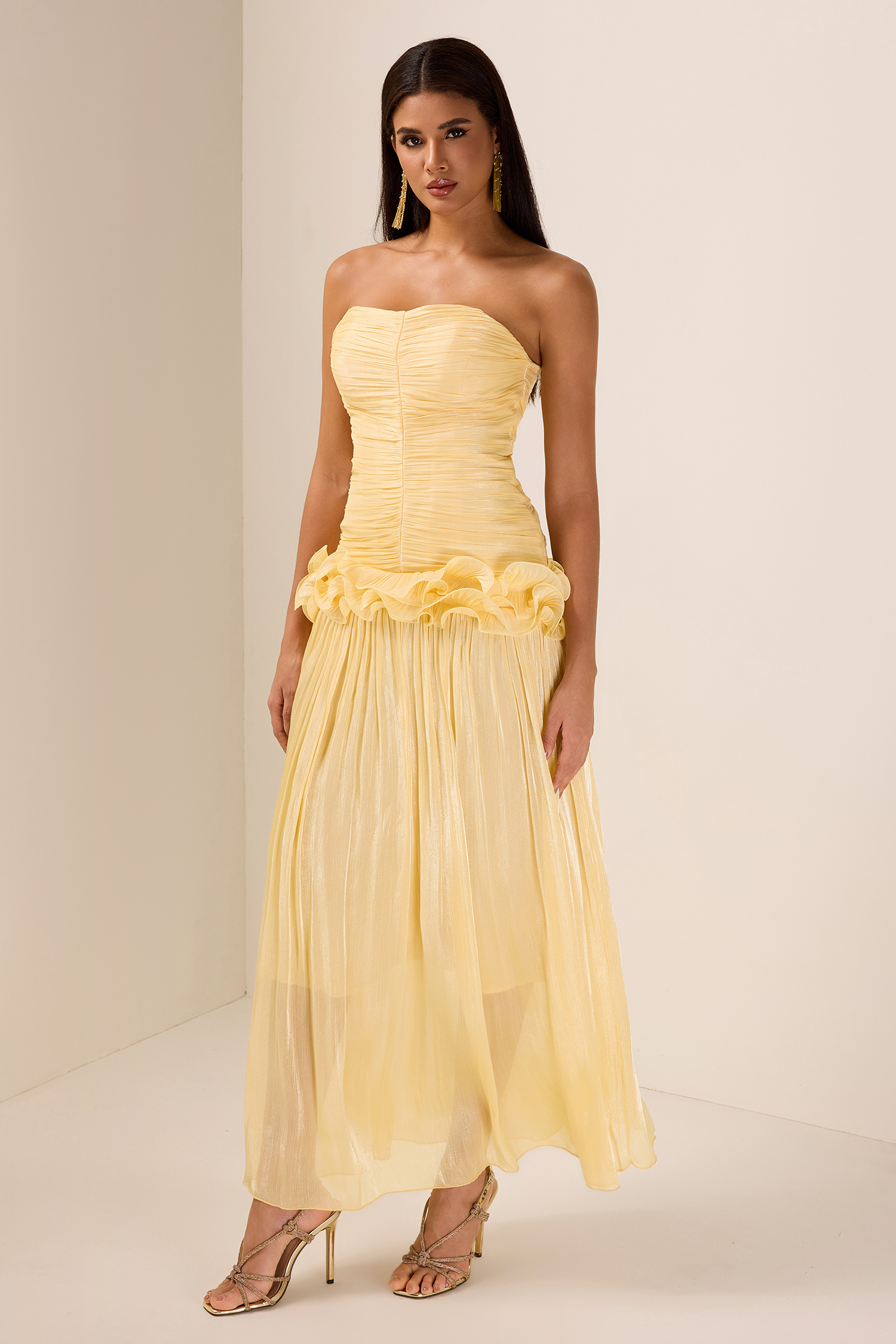 Solid Pleated Ruffle Maxi Dress