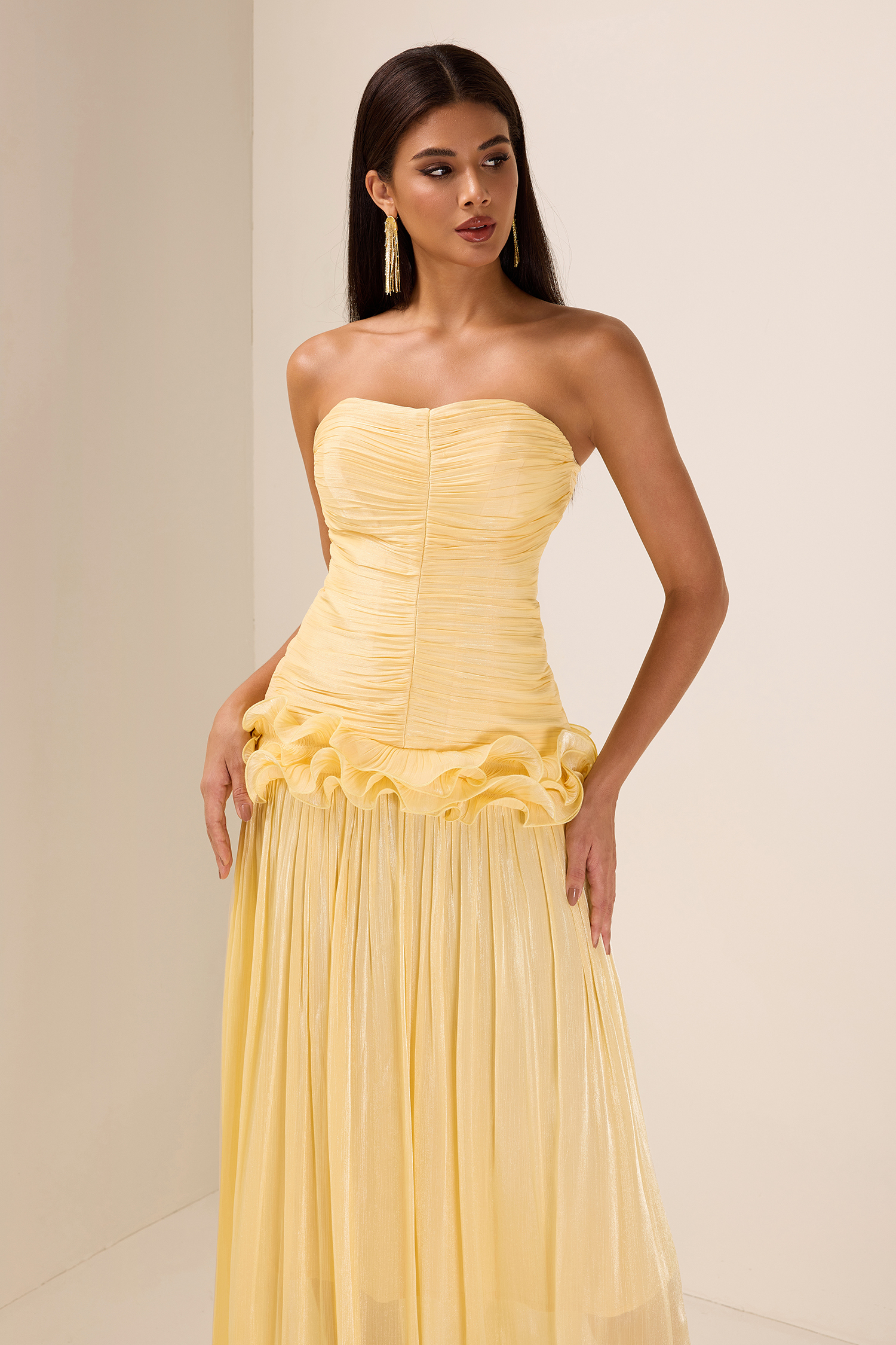 Solid Pleated Ruffle Maxi Dress