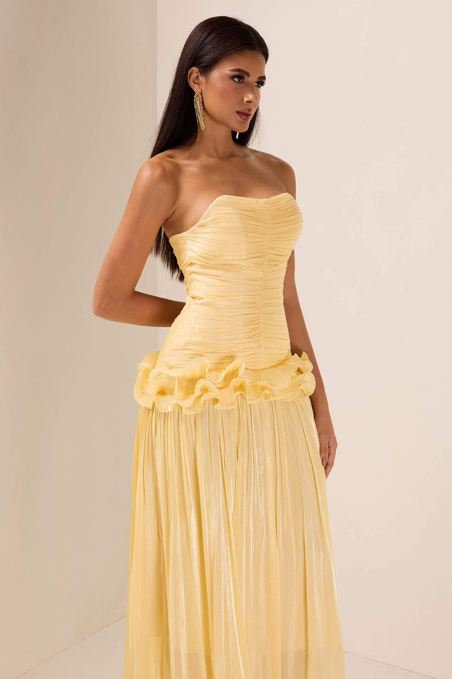 Solid Pleated Ruffle Maxi Dress