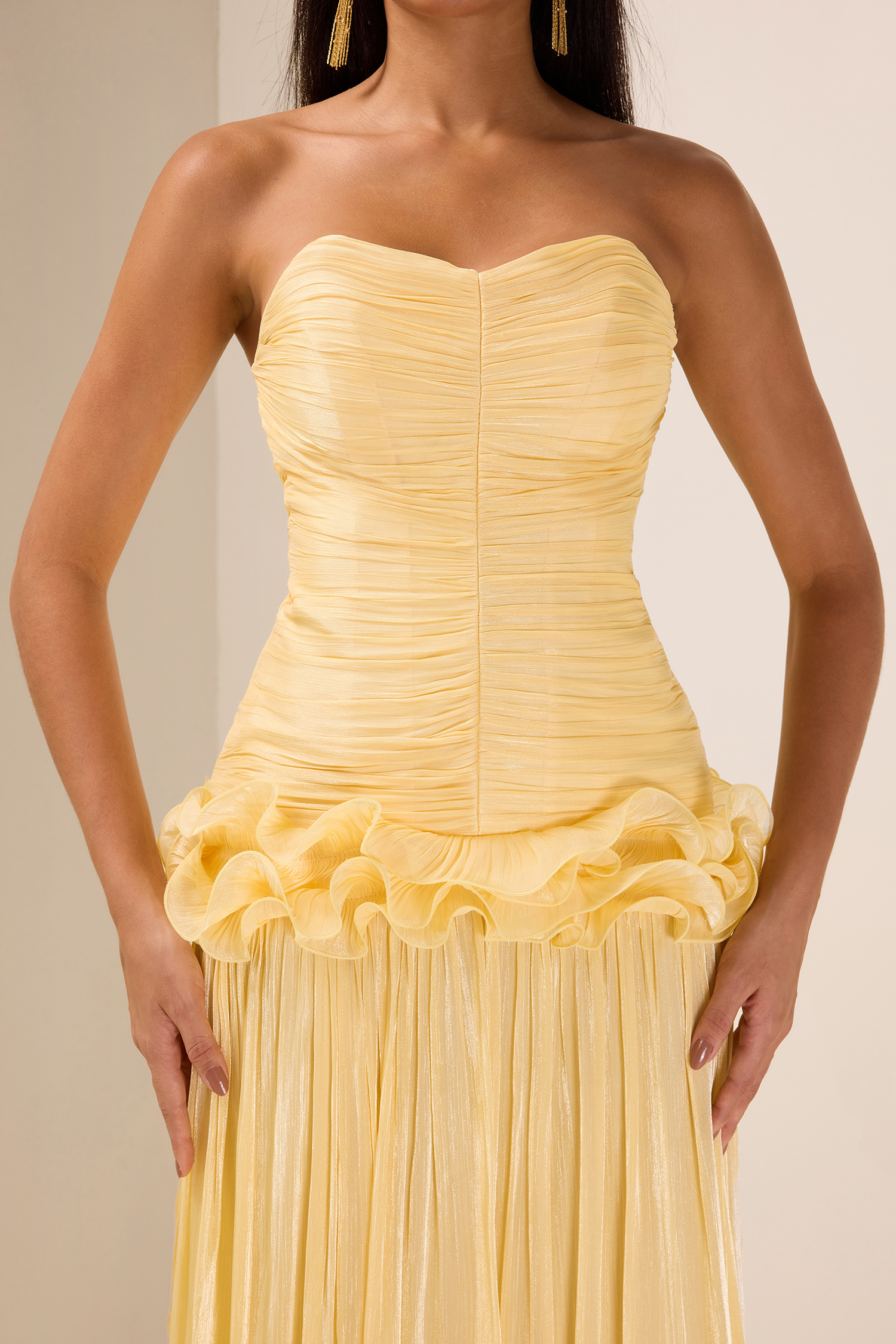 Solid Pleated Ruffle Maxi Dress