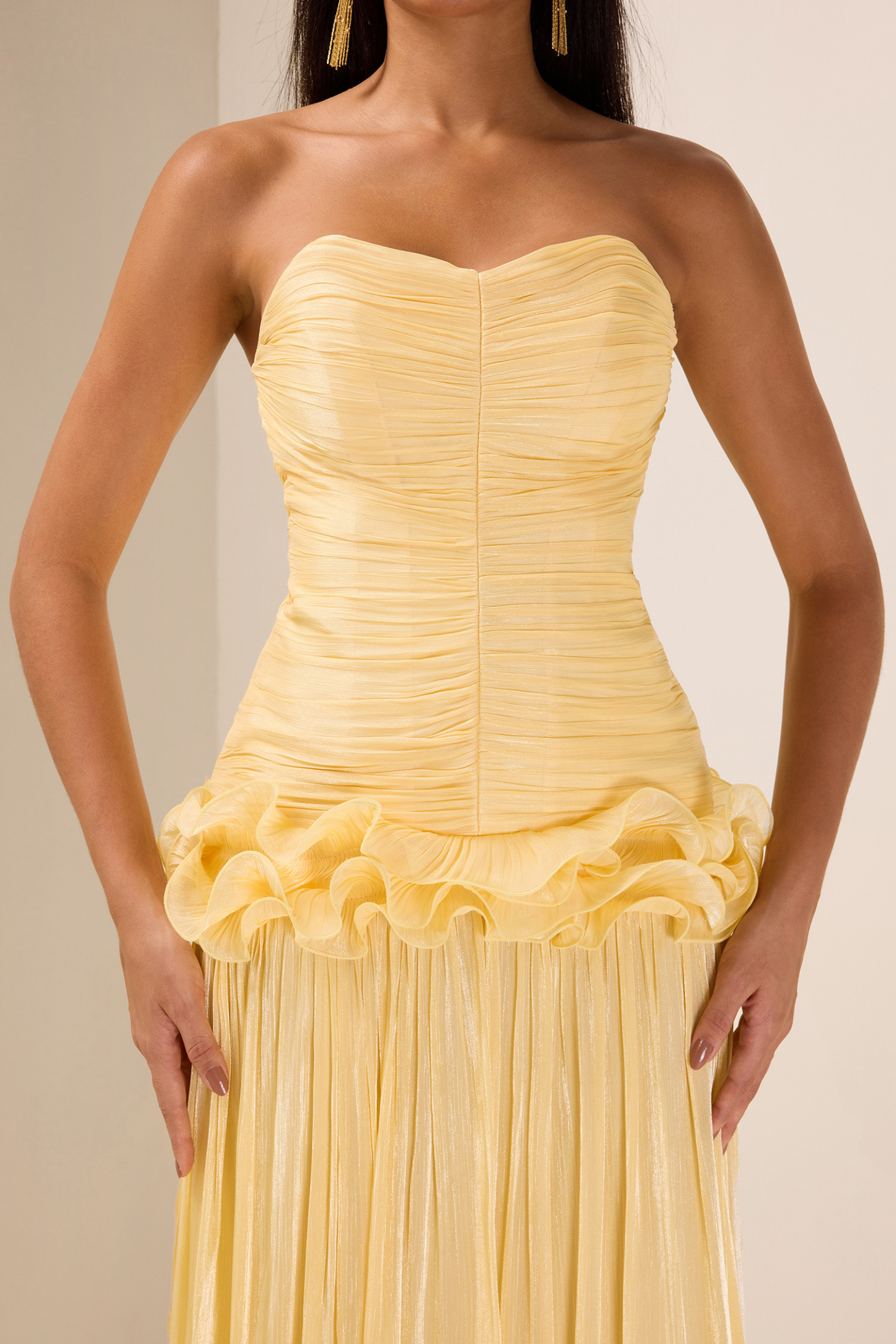 Solid Pleated Ruffle Maxi Dress