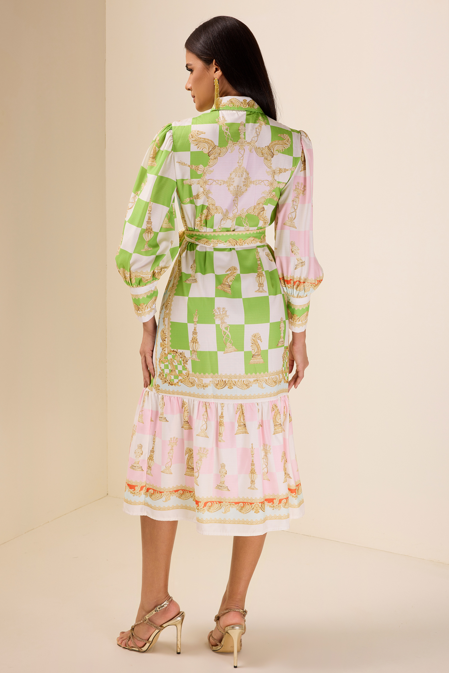 Patchwork Print Lantern Sleeve Midi Dress With Belt