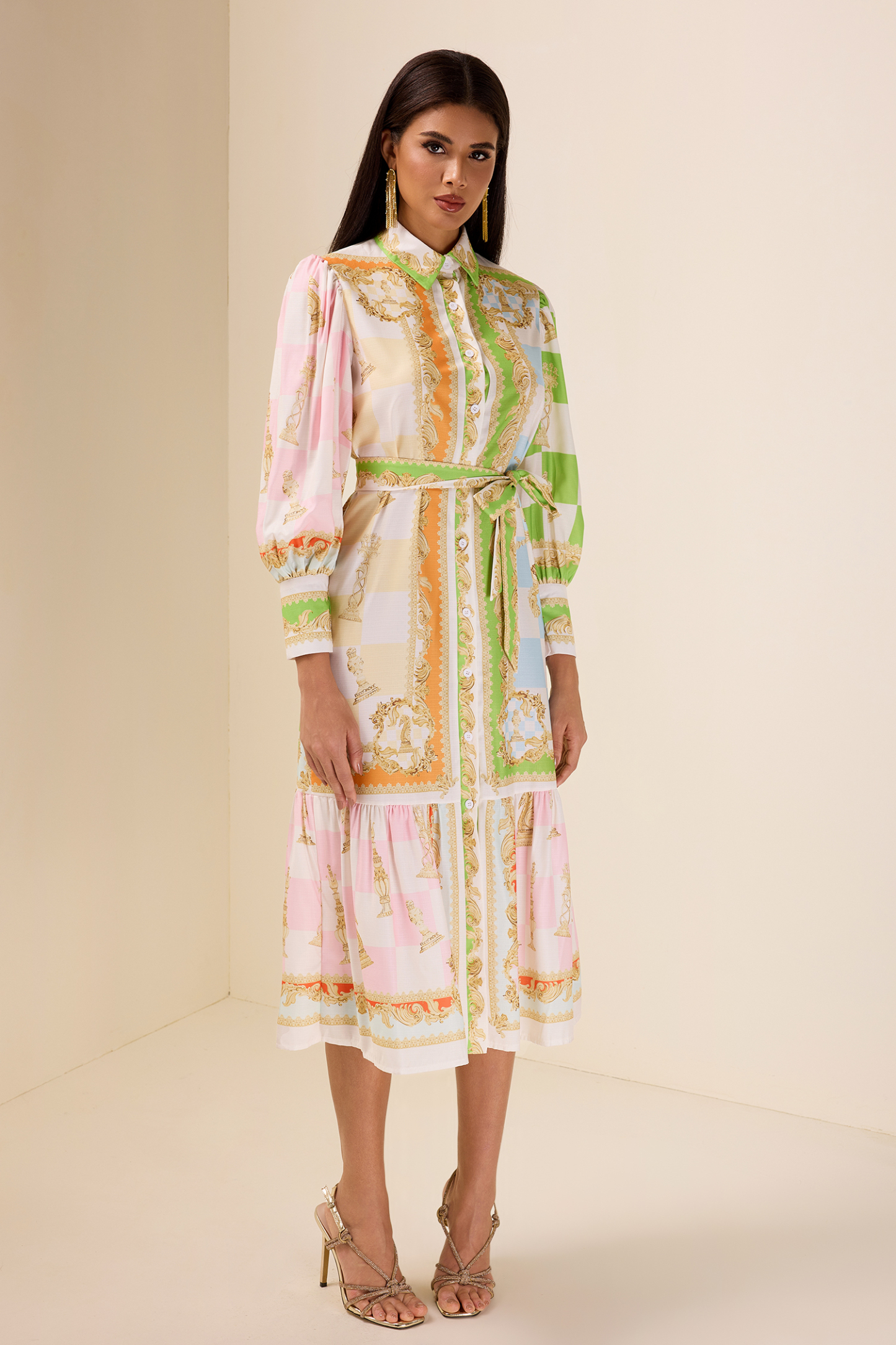 Patchwork Print Lantern Sleeve Midi Dress With Belt