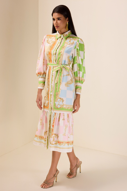 Patchwork Print Lantern Sleeve Midi Dress With Belt