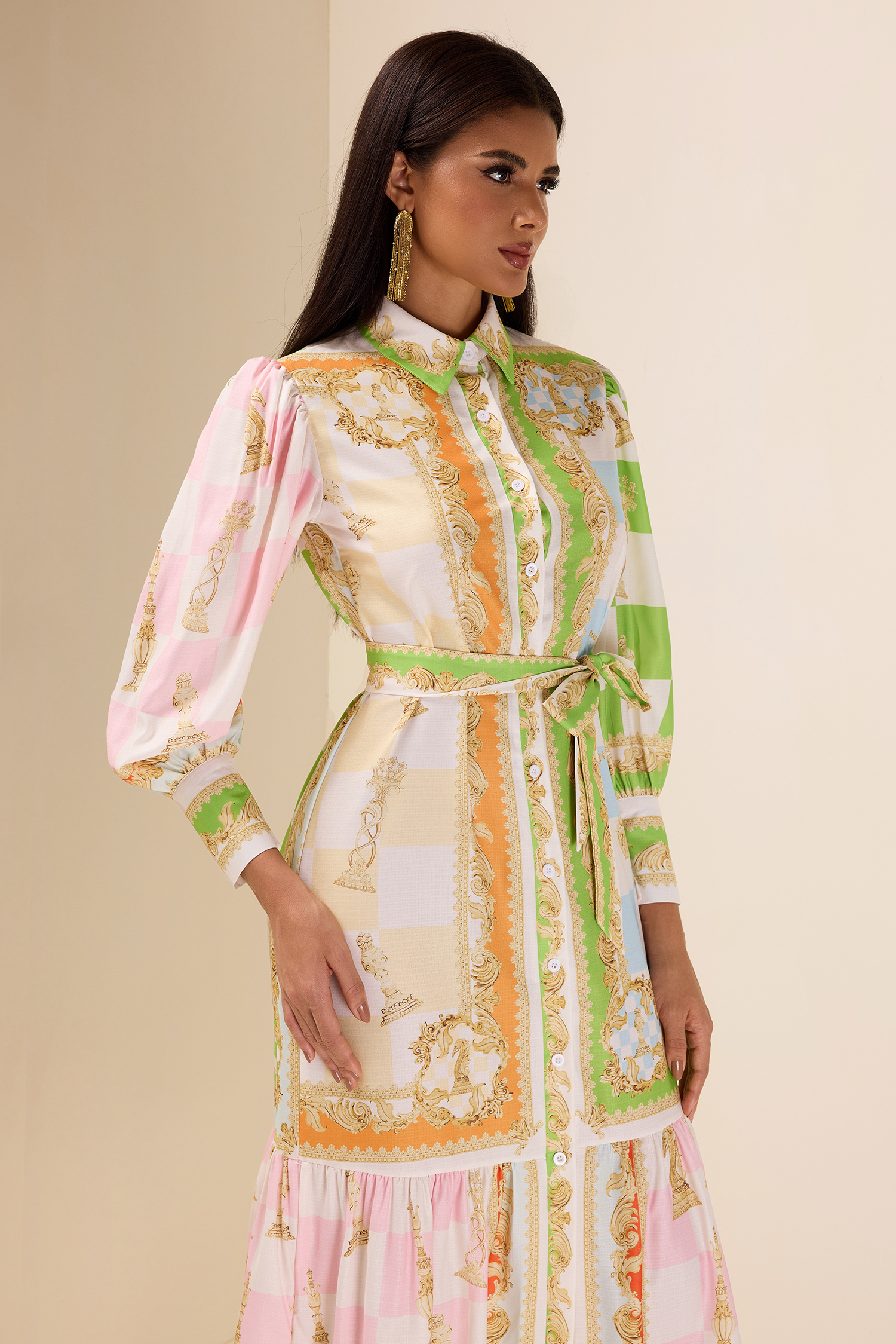 Patchwork Print Lantern Sleeve Midi Dress With Belt