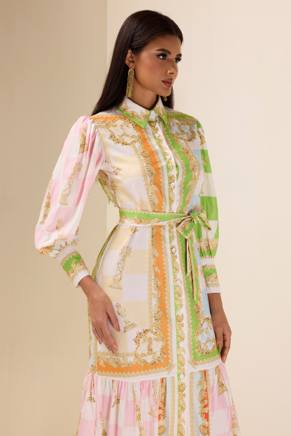 Patchwork Print Lantern Sleeve Midi Dress With Belt