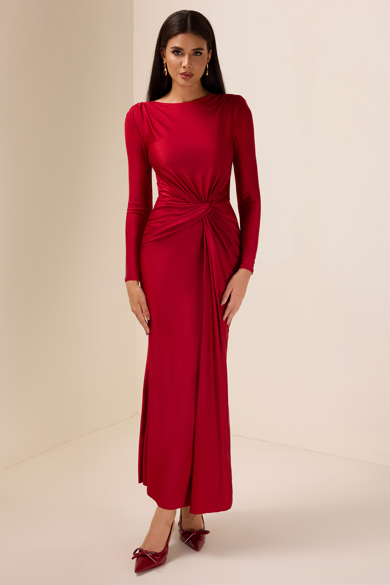 Jersey Solid Ruched Midi Dress