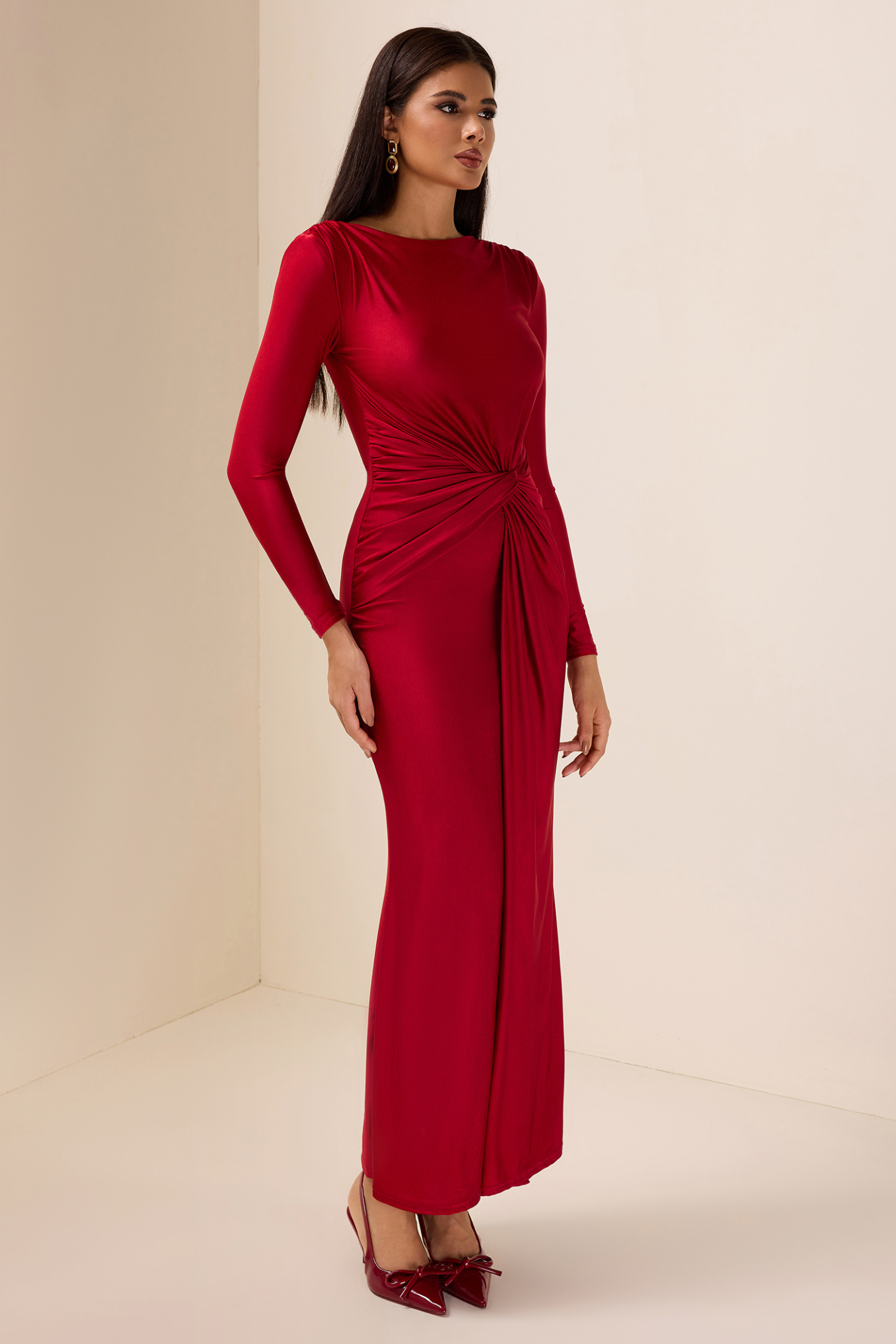 Jersey Solid Ruched Midi Dress