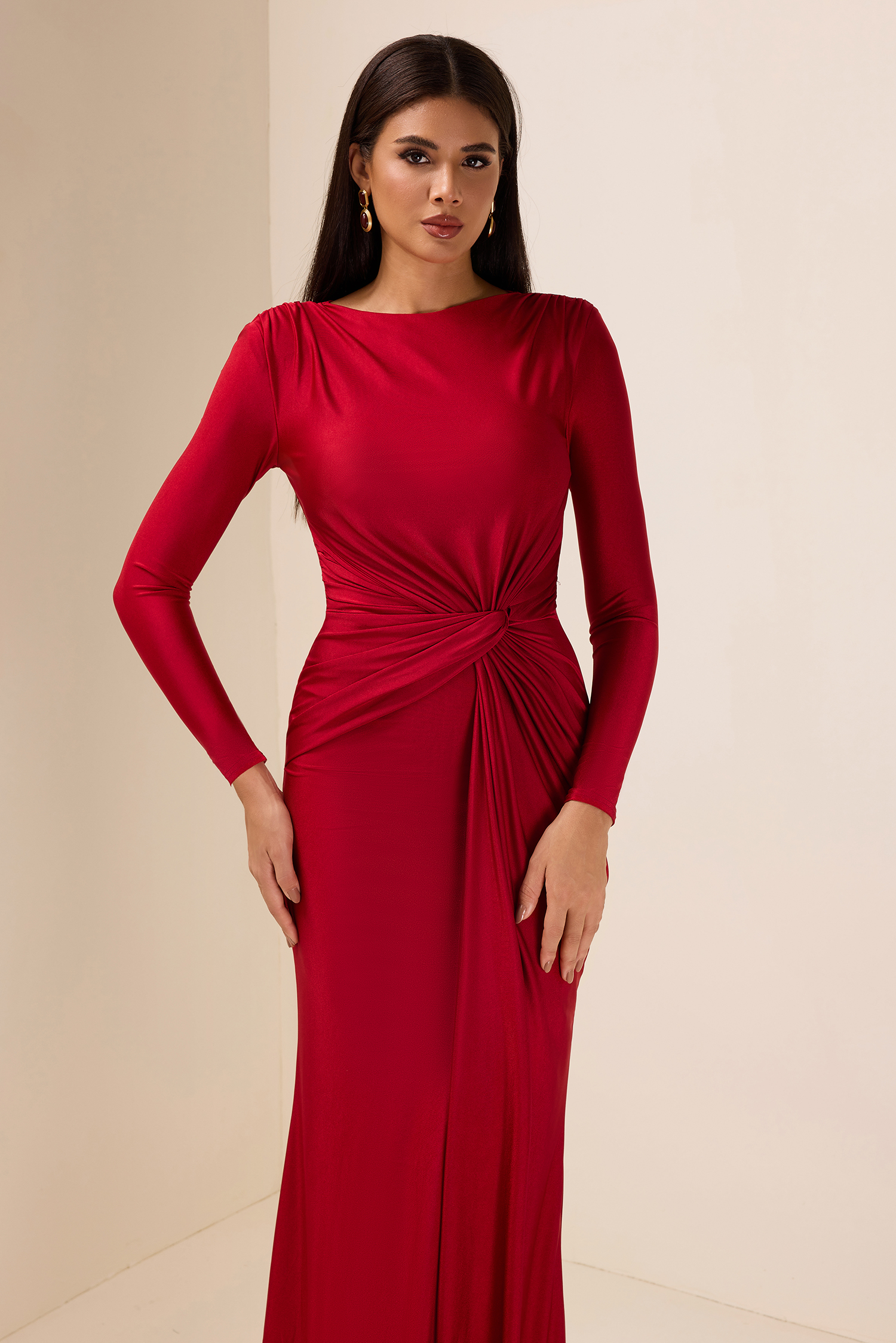 Jersey Solid Ruched Midi Dress