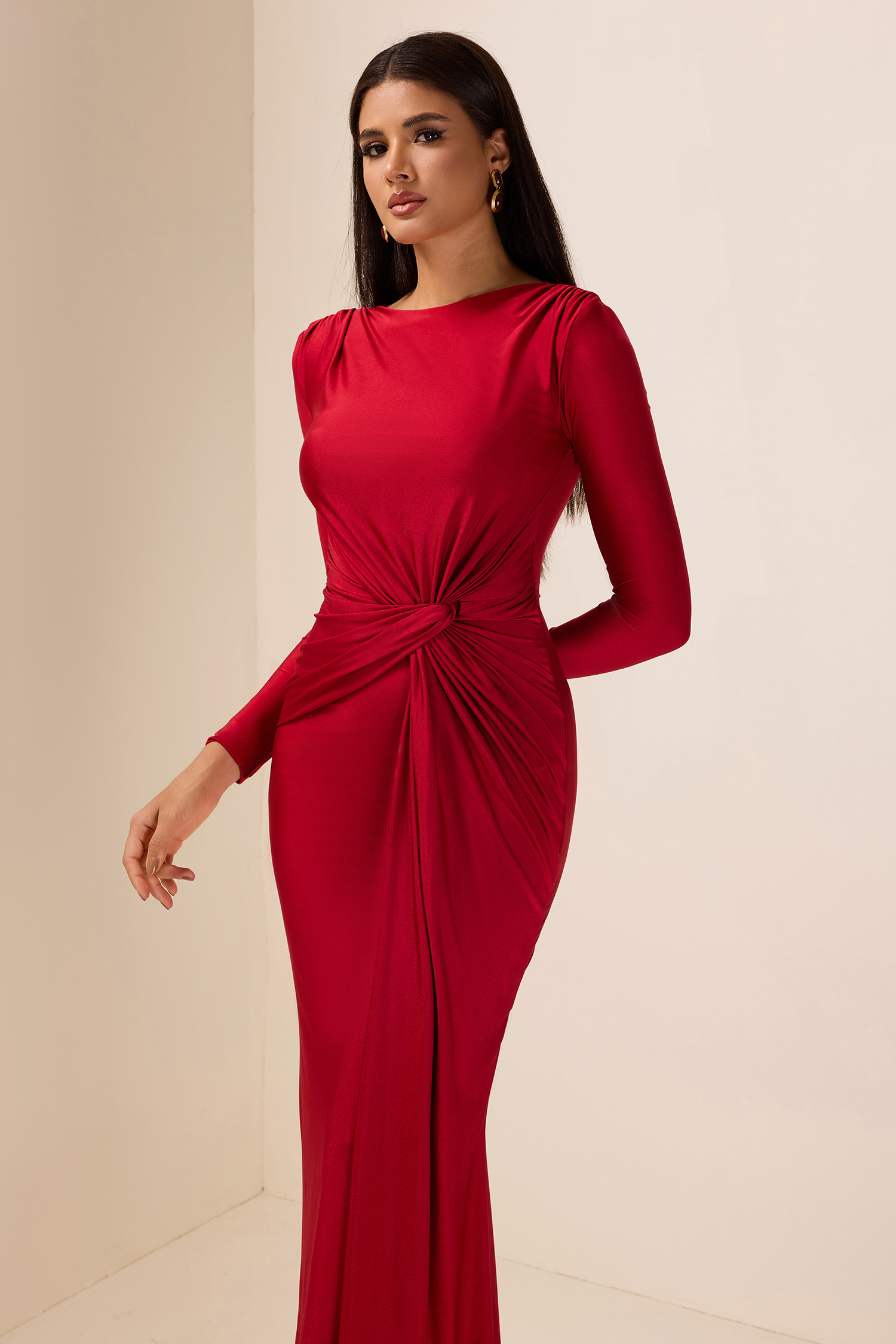 Jersey Solid Ruched Midi Dress
