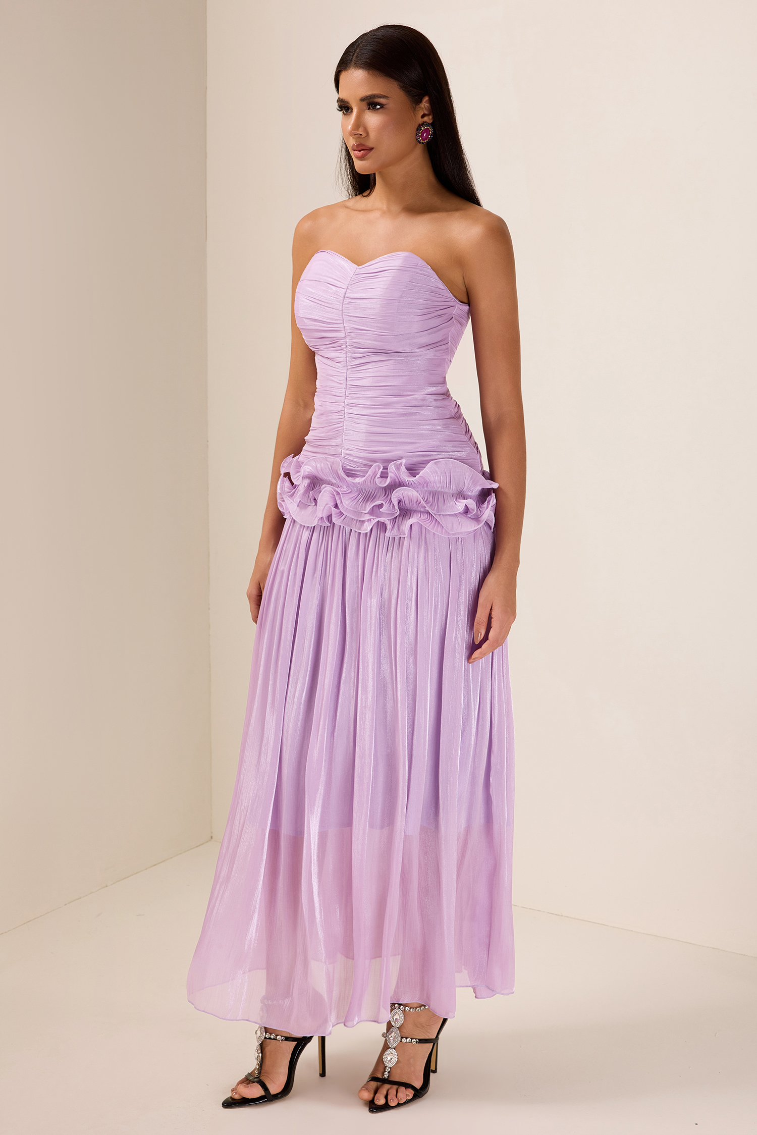 Solid Pleated Ruffle Maxi Dress