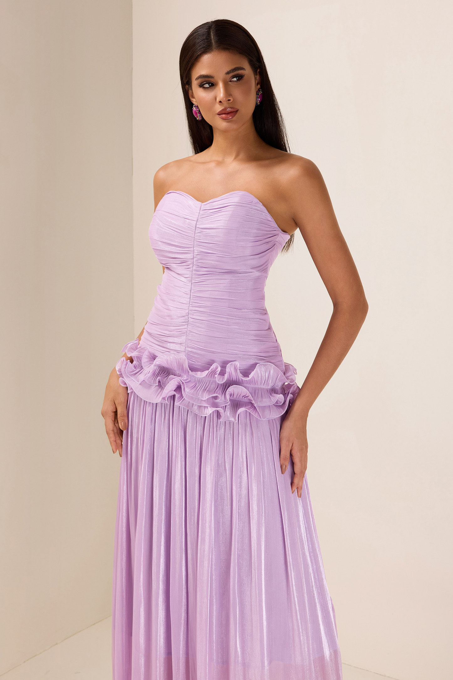 Solid Pleated Ruffle Maxi Dress