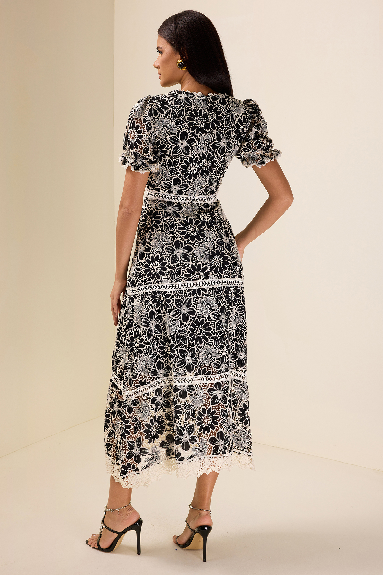 Lace Embroidered Short Sleeve Midi Dress
