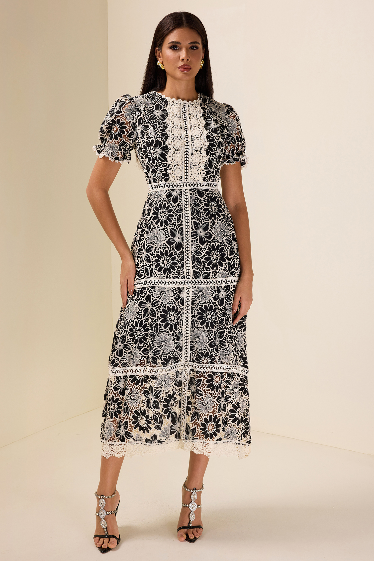 Lace Embroidered Short Sleeve Midi Dress